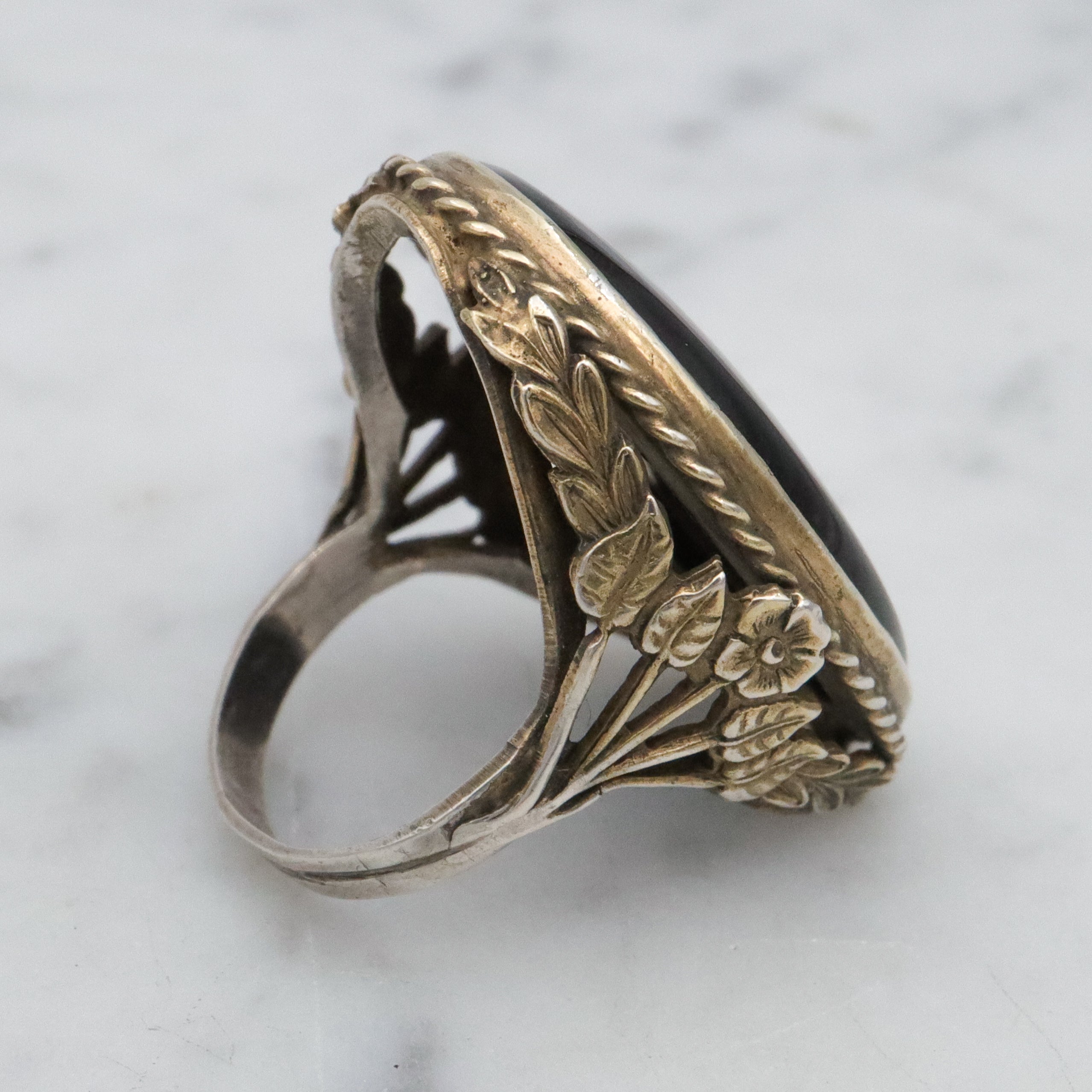 Mid Century gilt sterling onyx large oval ring, size 5