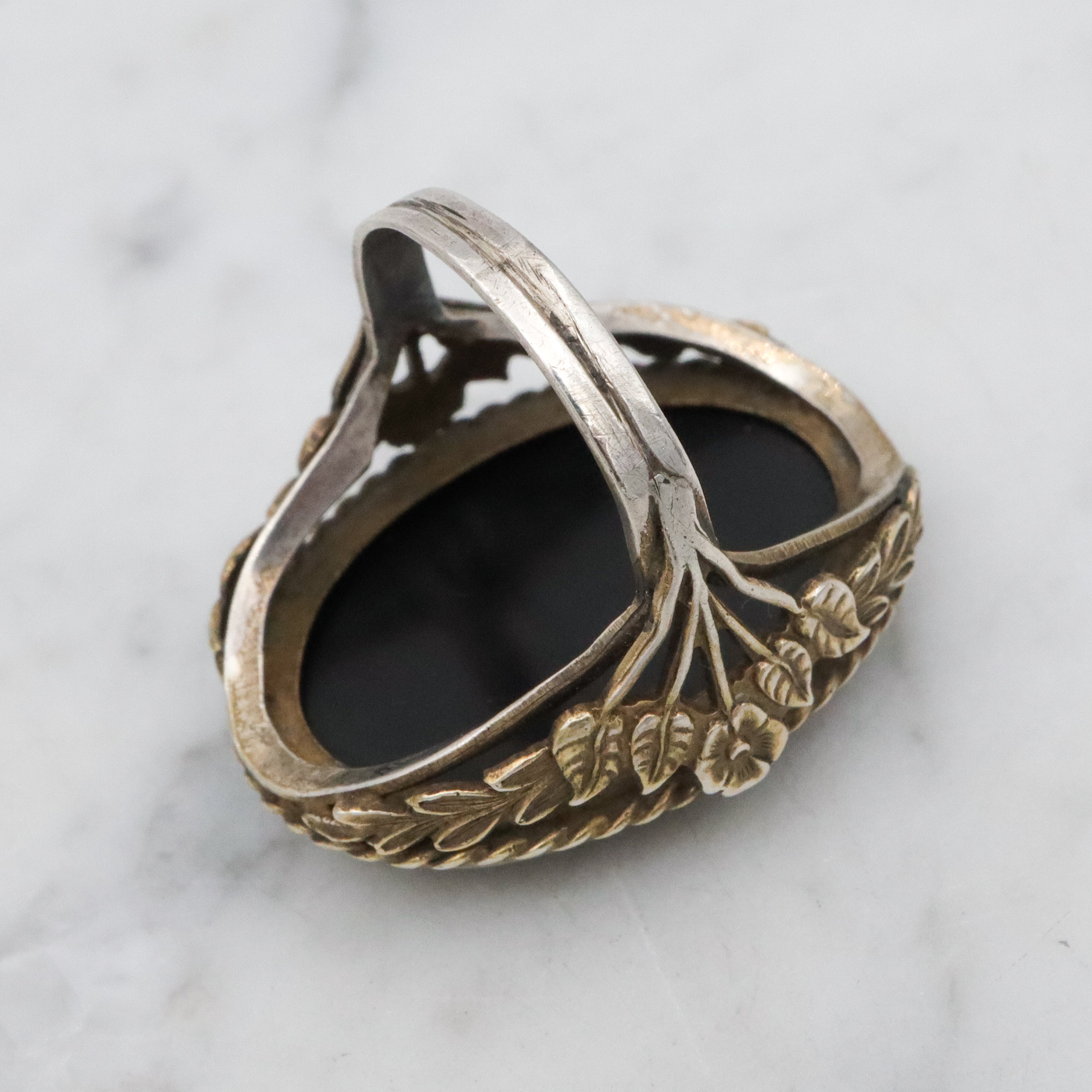 Mid Century gilt sterling onyx large oval ring, size 5
