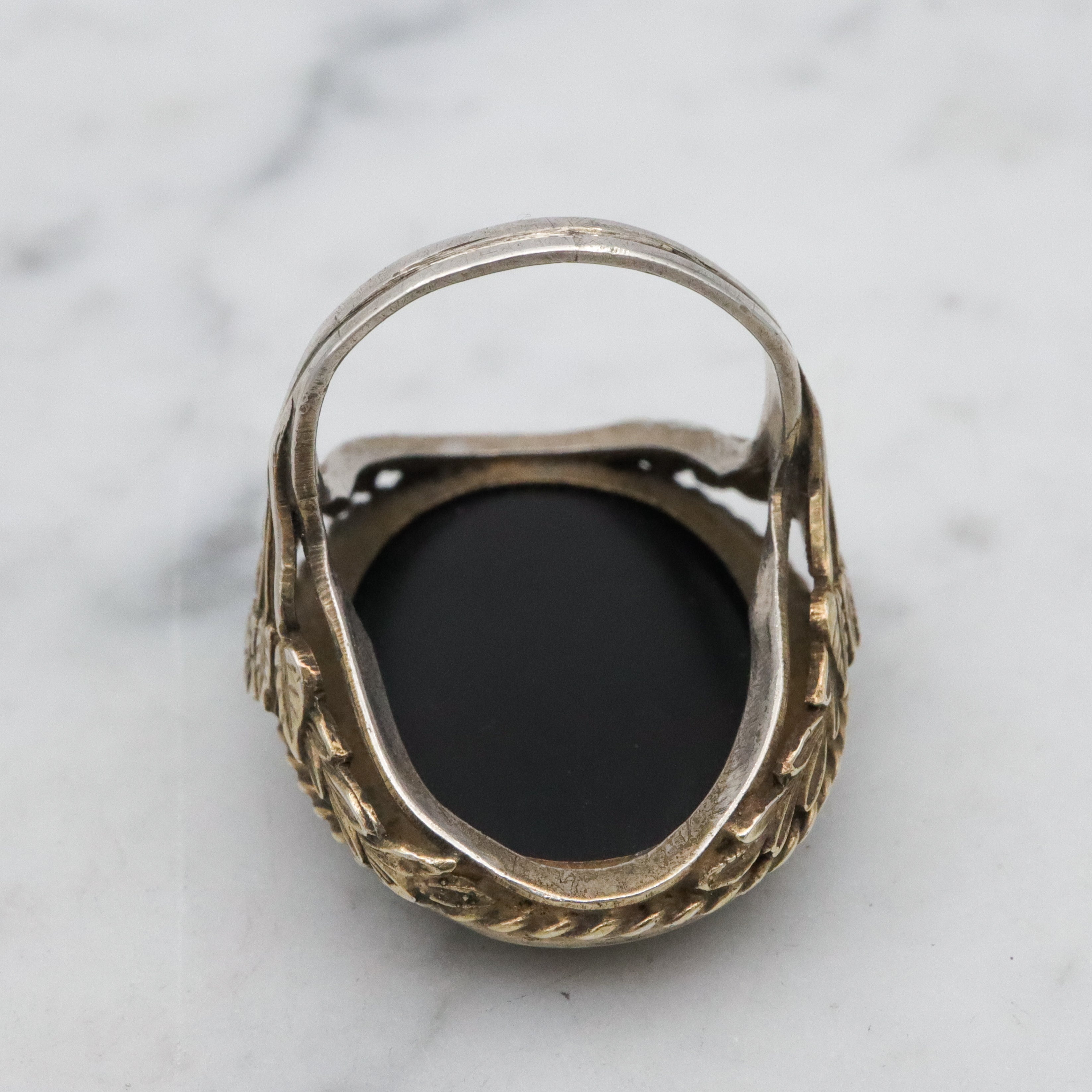 Mid Century gilt sterling onyx large oval ring, size 5