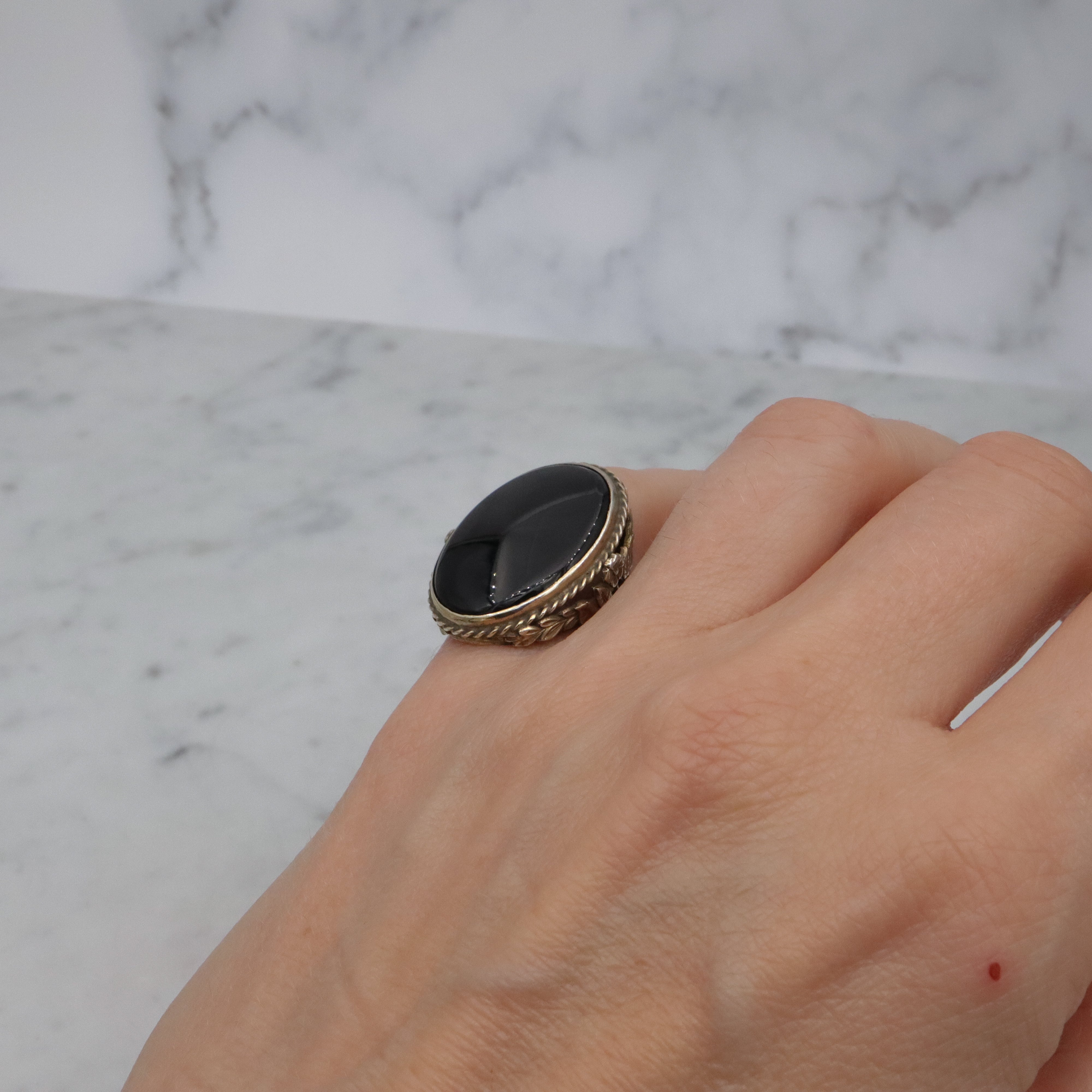 Mid Century gilt sterling onyx large oval ring, size 5