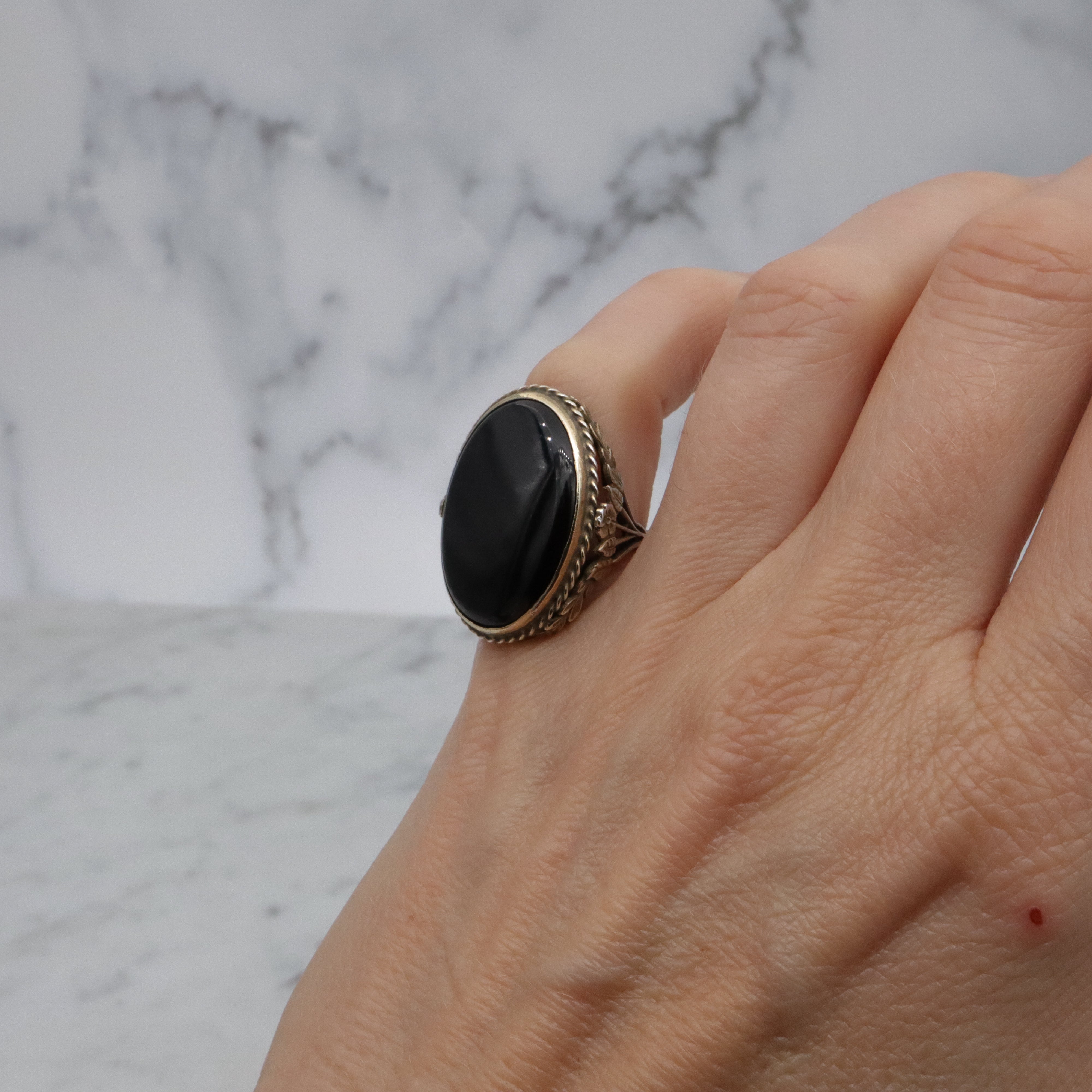 Mid Century gilt sterling onyx large oval ring, size 5