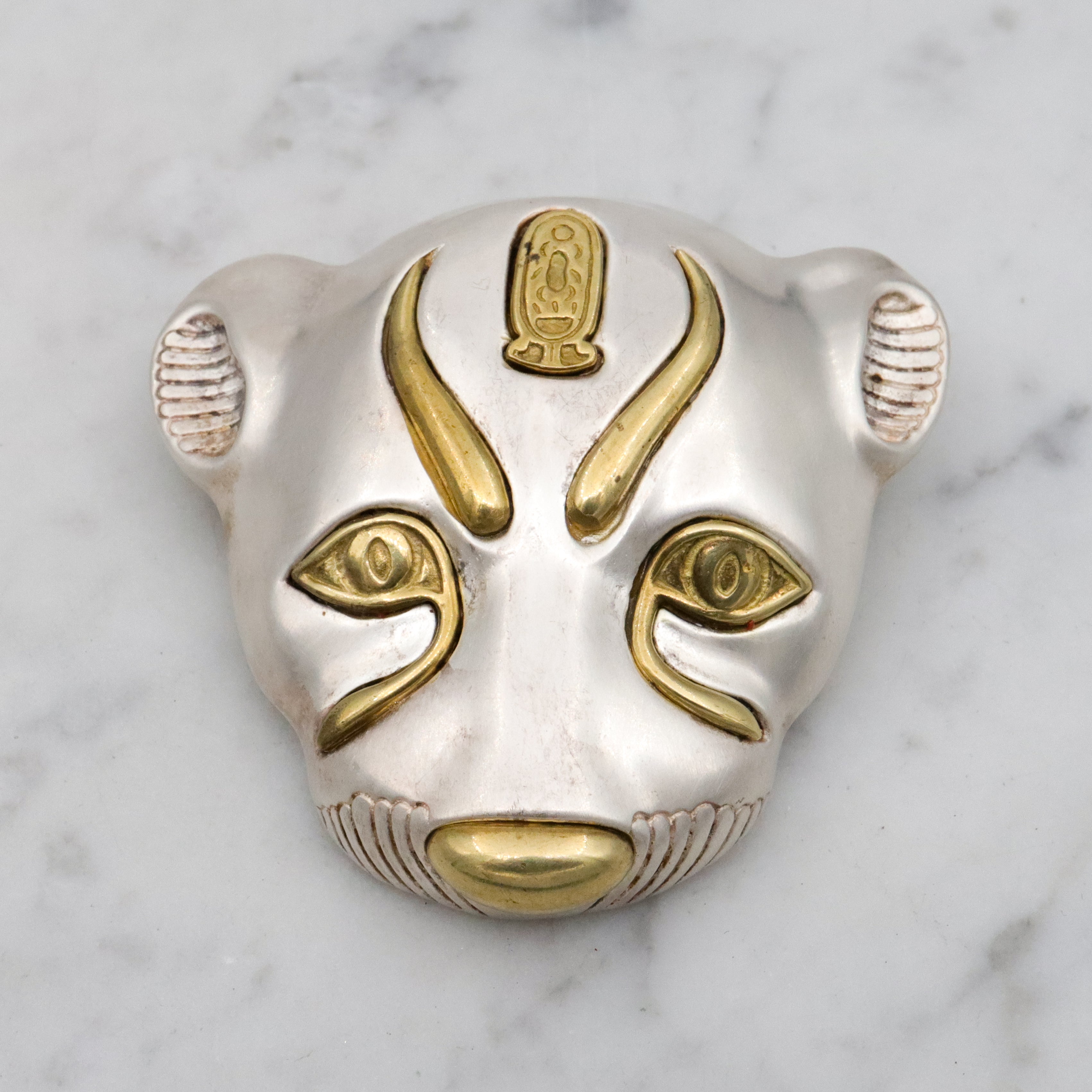 Large Mid Century MMA museum replica sterling leopard head brooch from King Tut's tomb