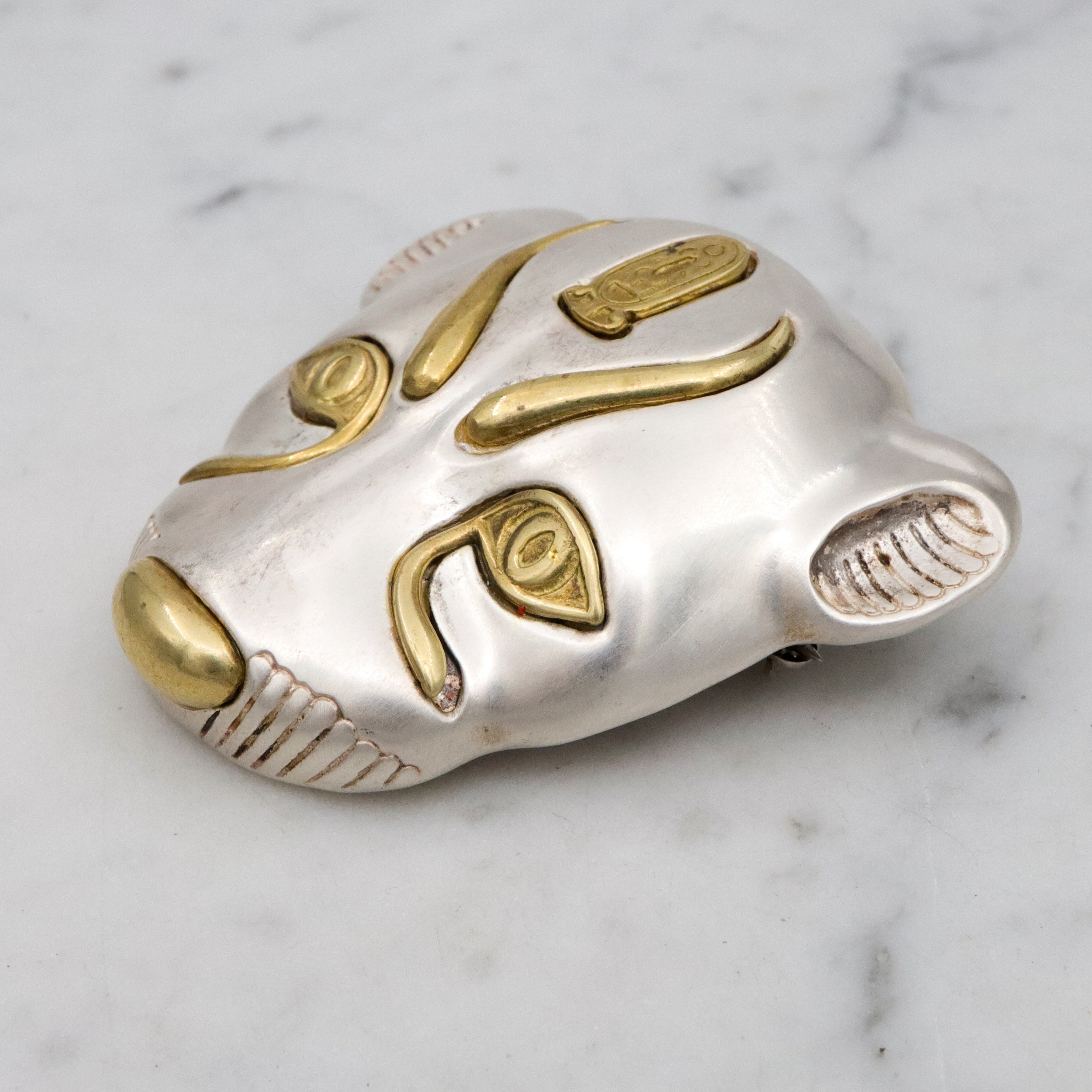 Large Mid Century MMA museum replica sterling leopard head brooch from King Tut's tomb