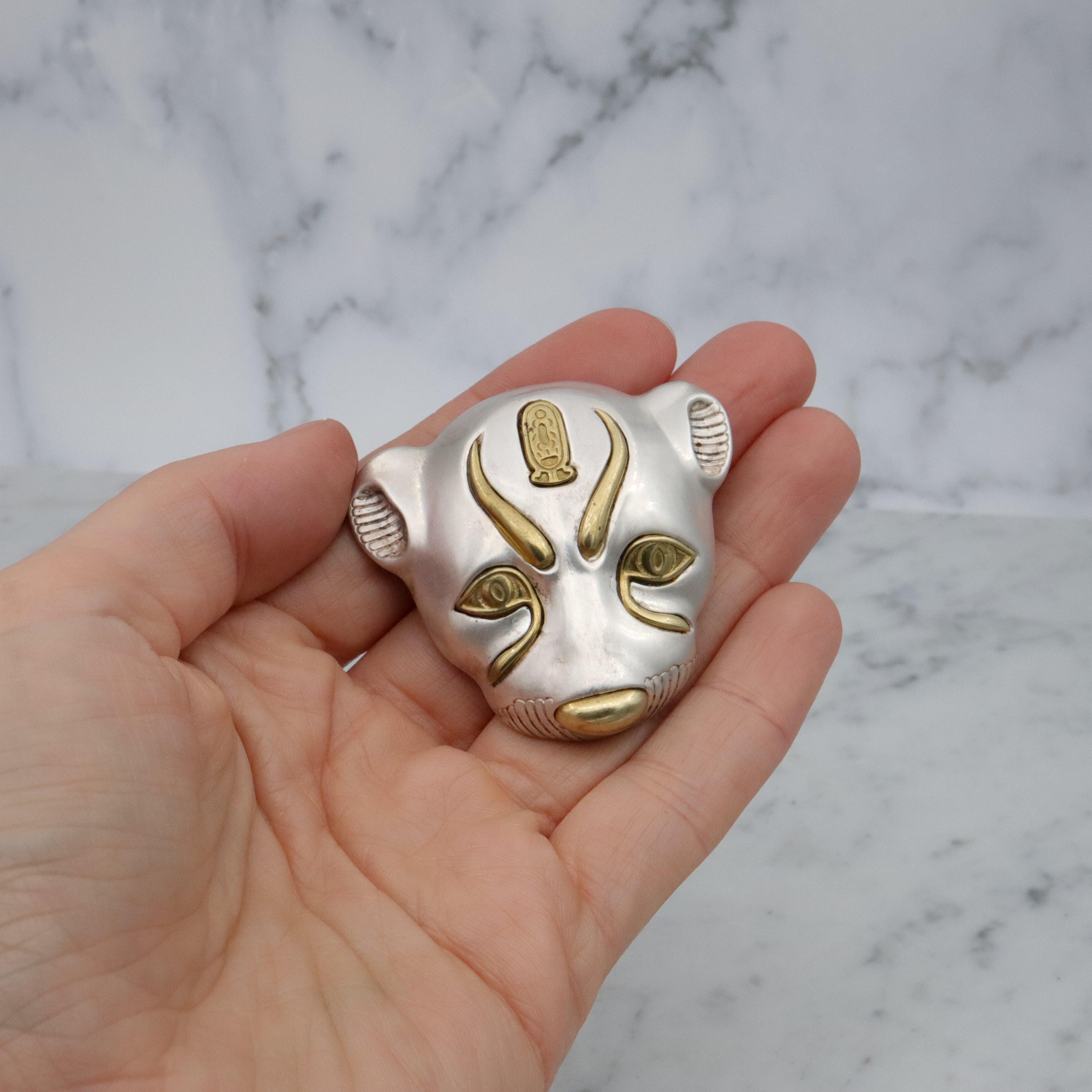 Large Mid Century MMA museum replica sterling leopard head brooch from King Tut's tomb