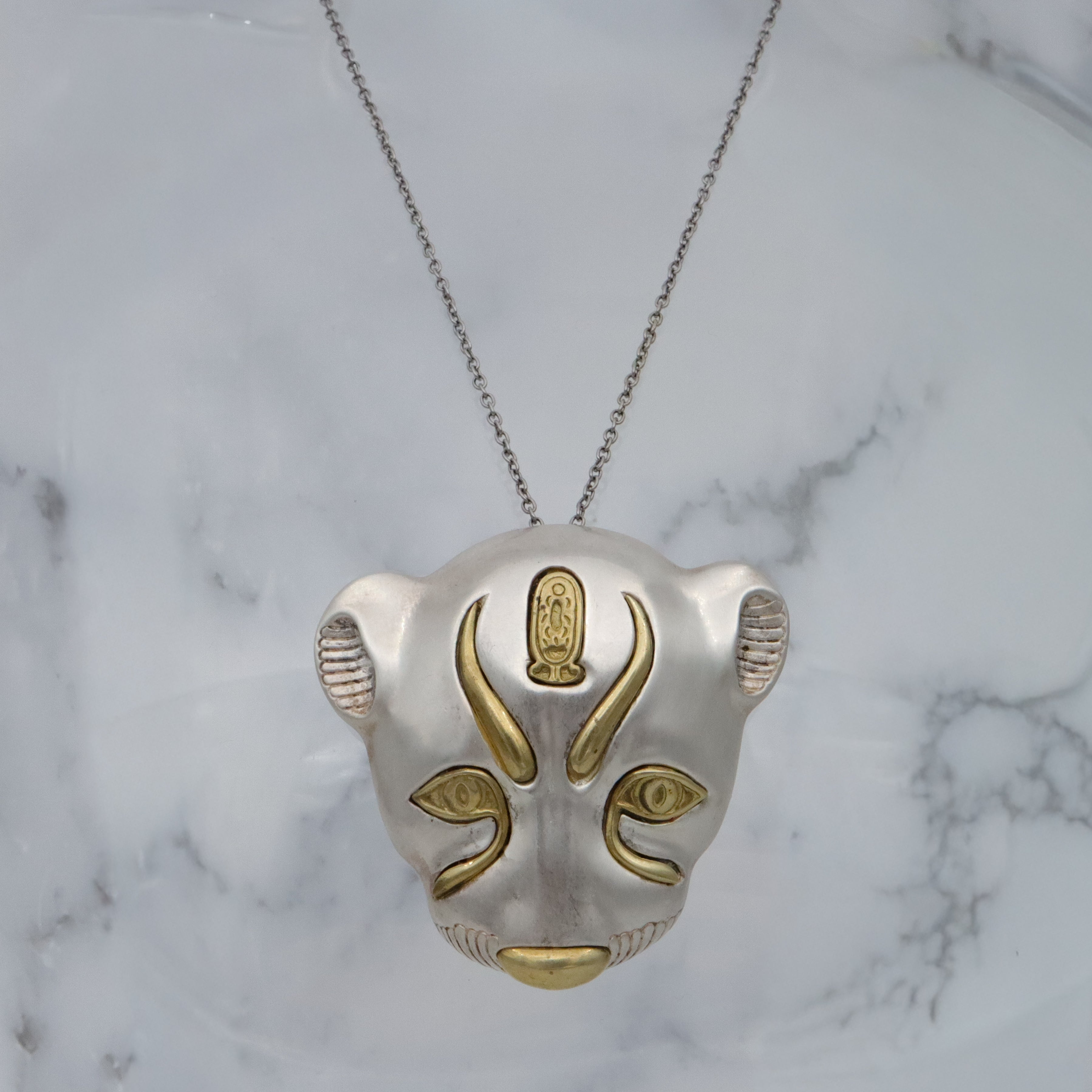 Large Mid Century MMA museum replica sterling leopard head brooch from King Tut's tomb