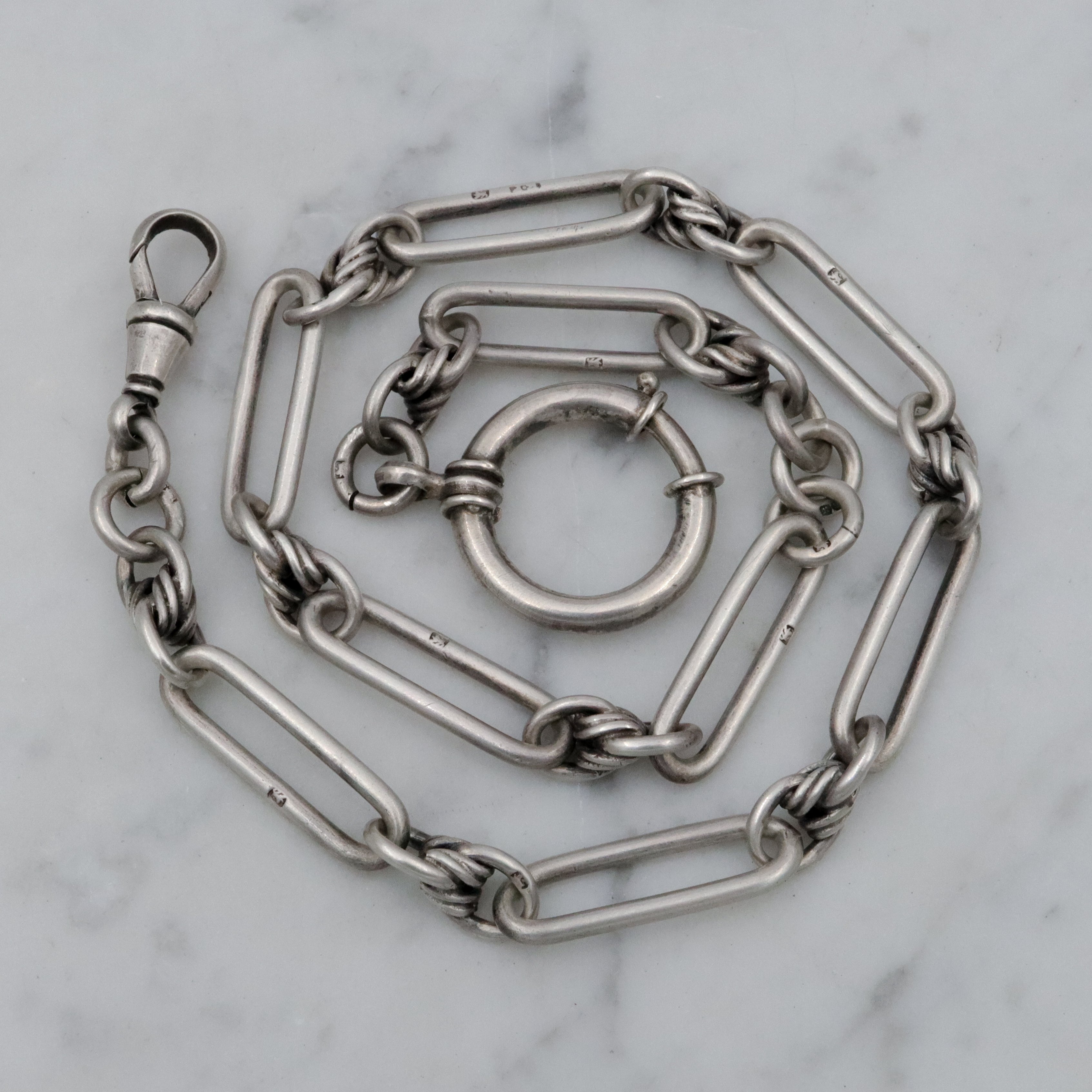 Late 19th Century English sterling trombone link watch chain choker necklace
