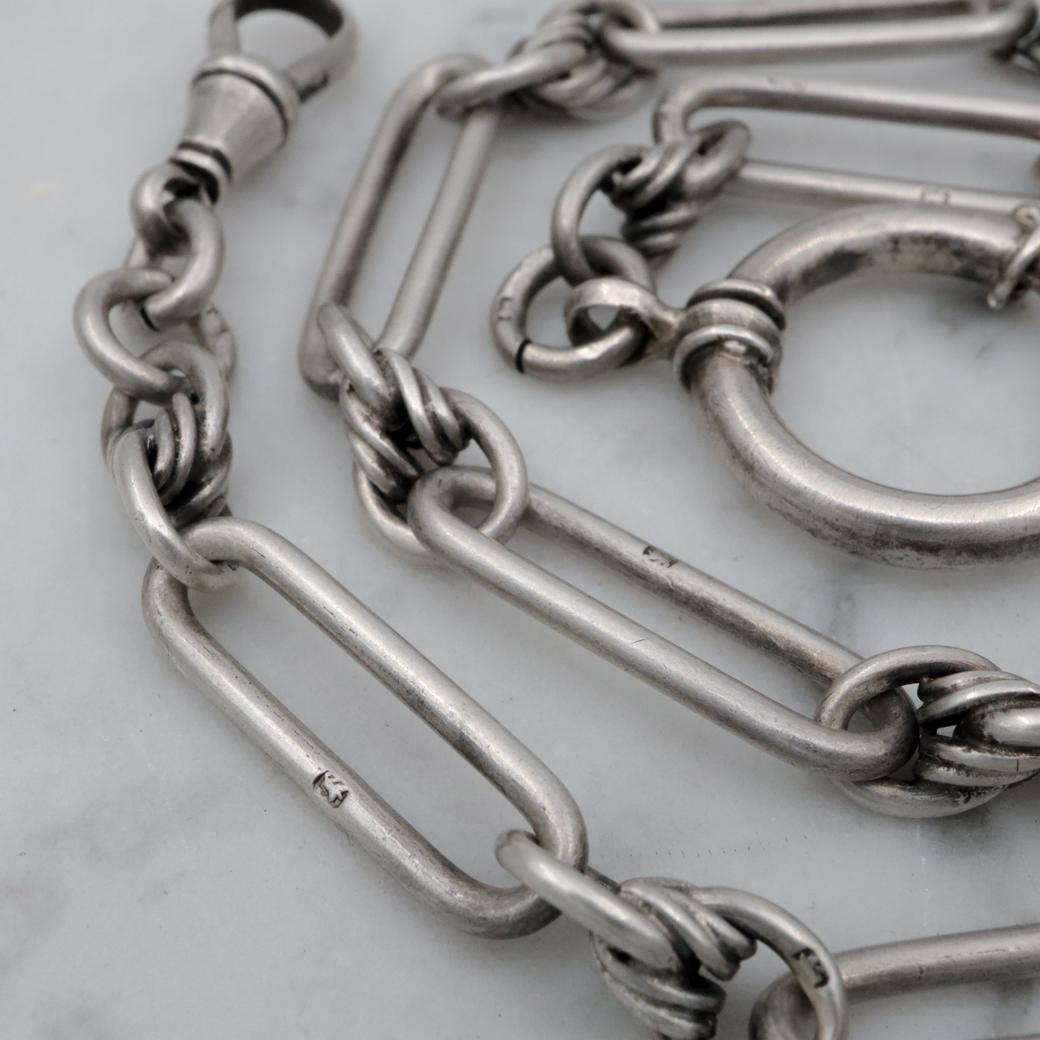 Late 19th Century English sterling trombone link watch chain choker necklace