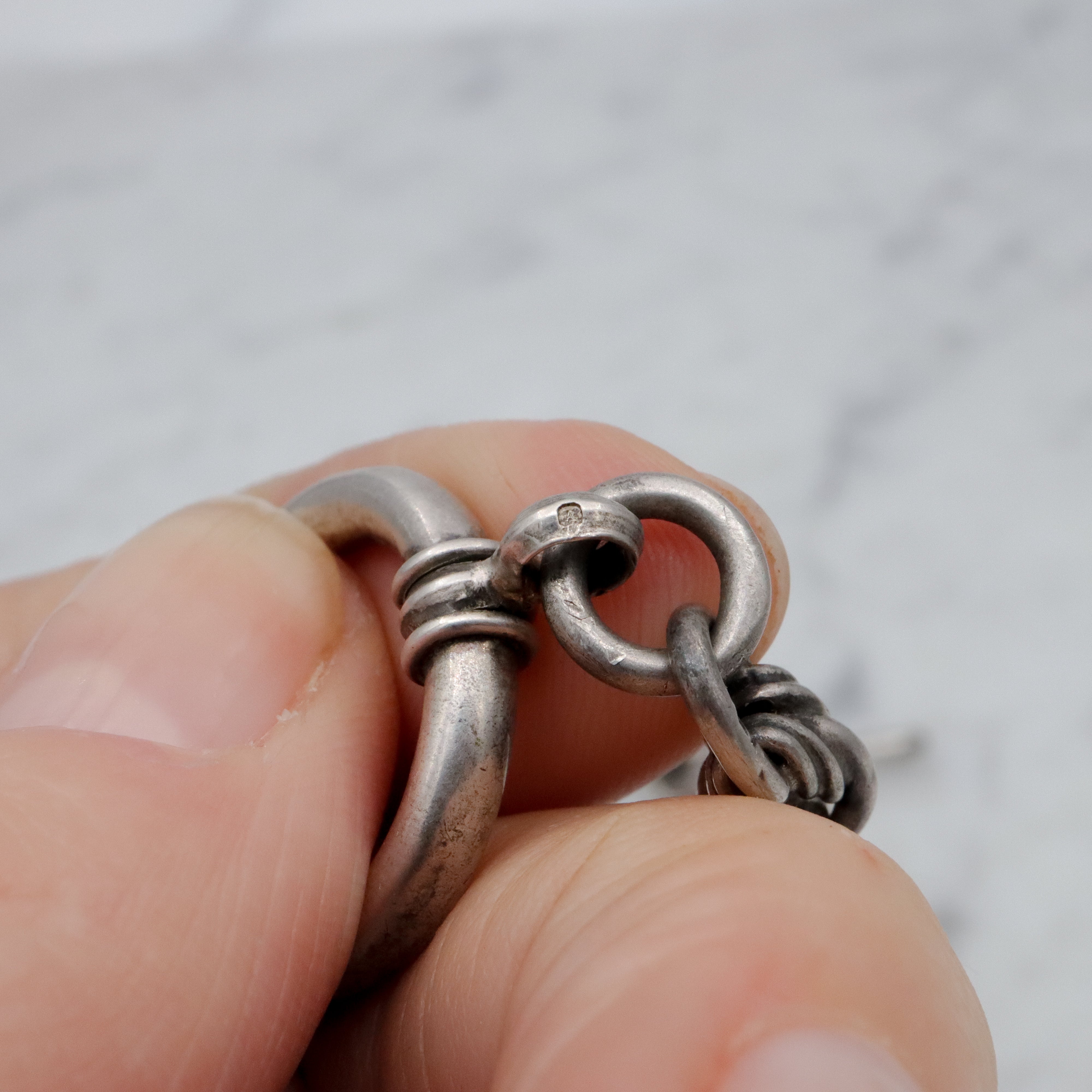 Late 19th Century English sterling trombone link watch chain choker necklace