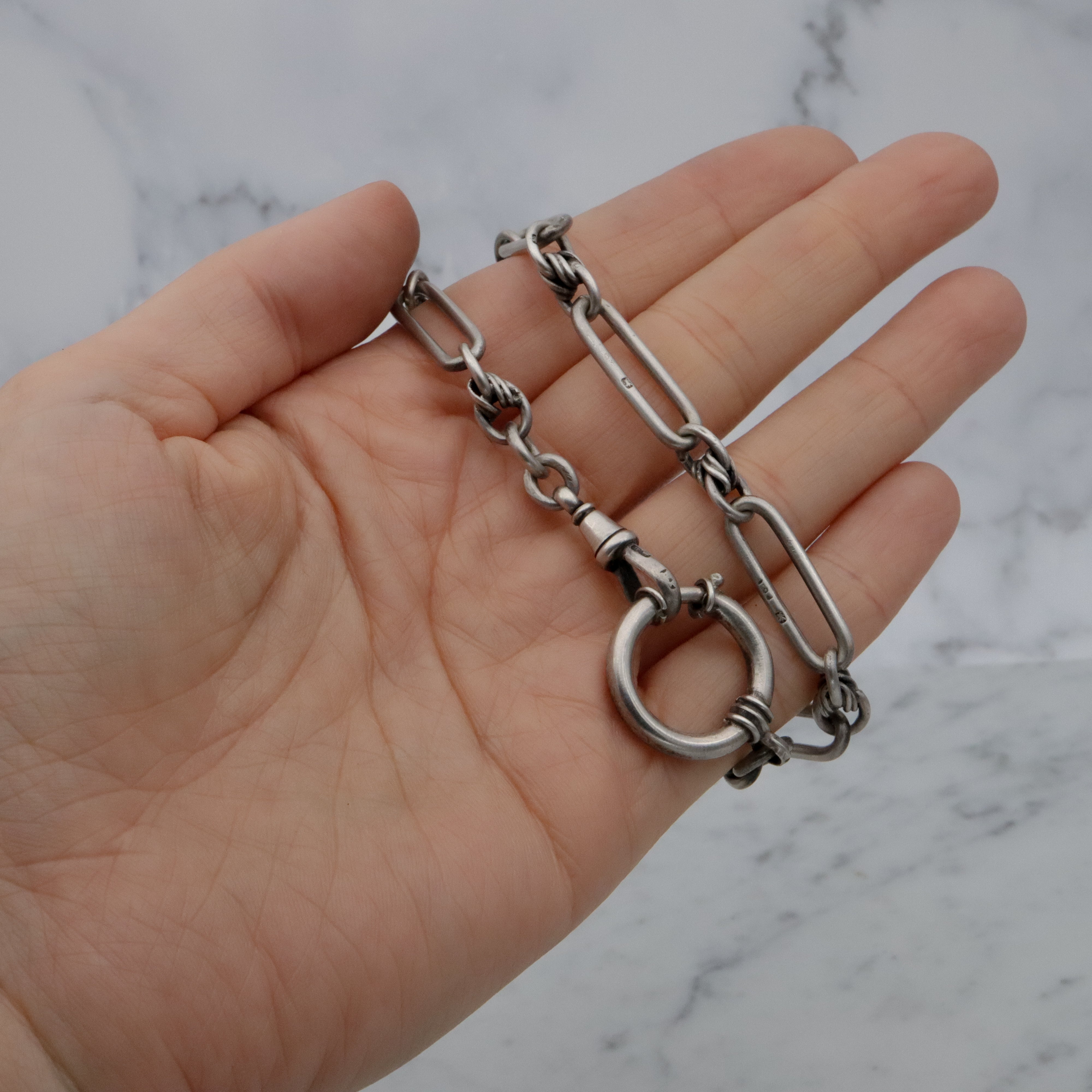 Late 19th Century English sterling trombone link watch chain choker necklace