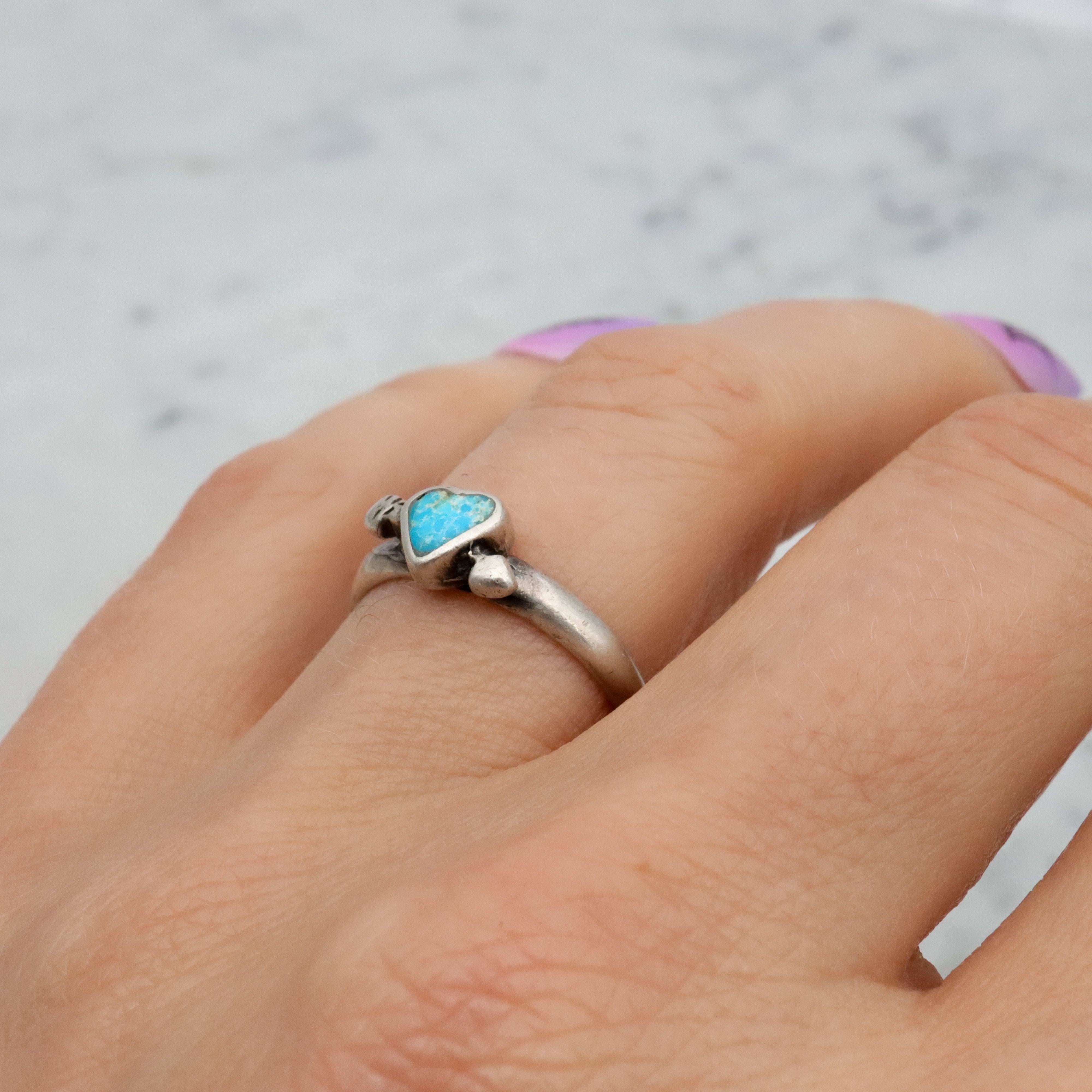 Retro Navajo sterling turquoise heart & arrow by Steeve Francisco, size 6.75