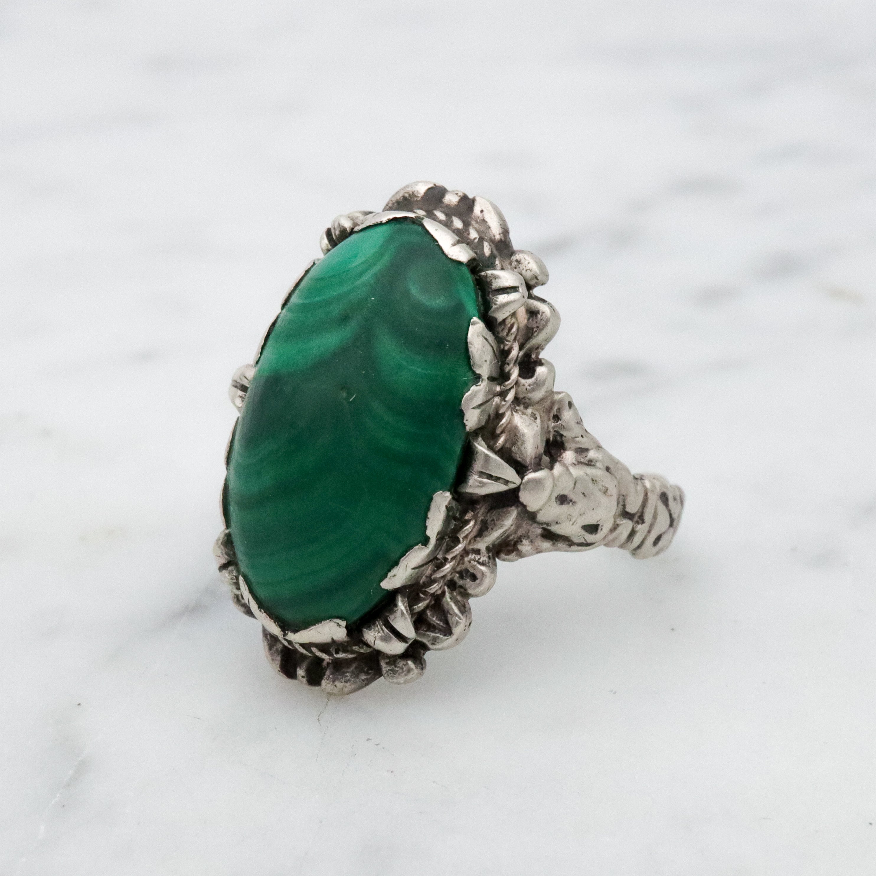 Antique Art Nouveau Austro Hungarian silver malachite ring, size 6.5