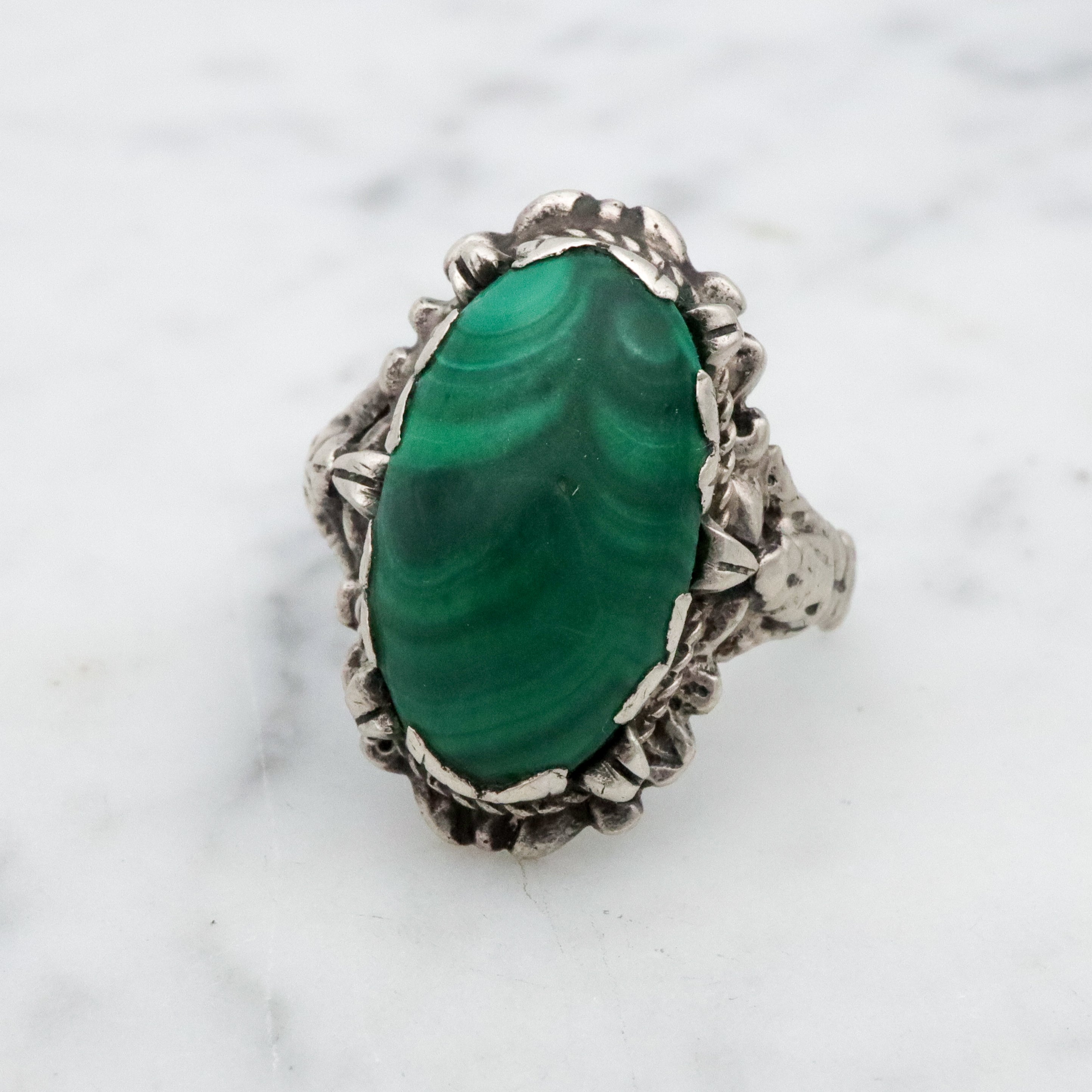 Antique Art Nouveau Austro Hungarian silver malachite ring, size 6.5