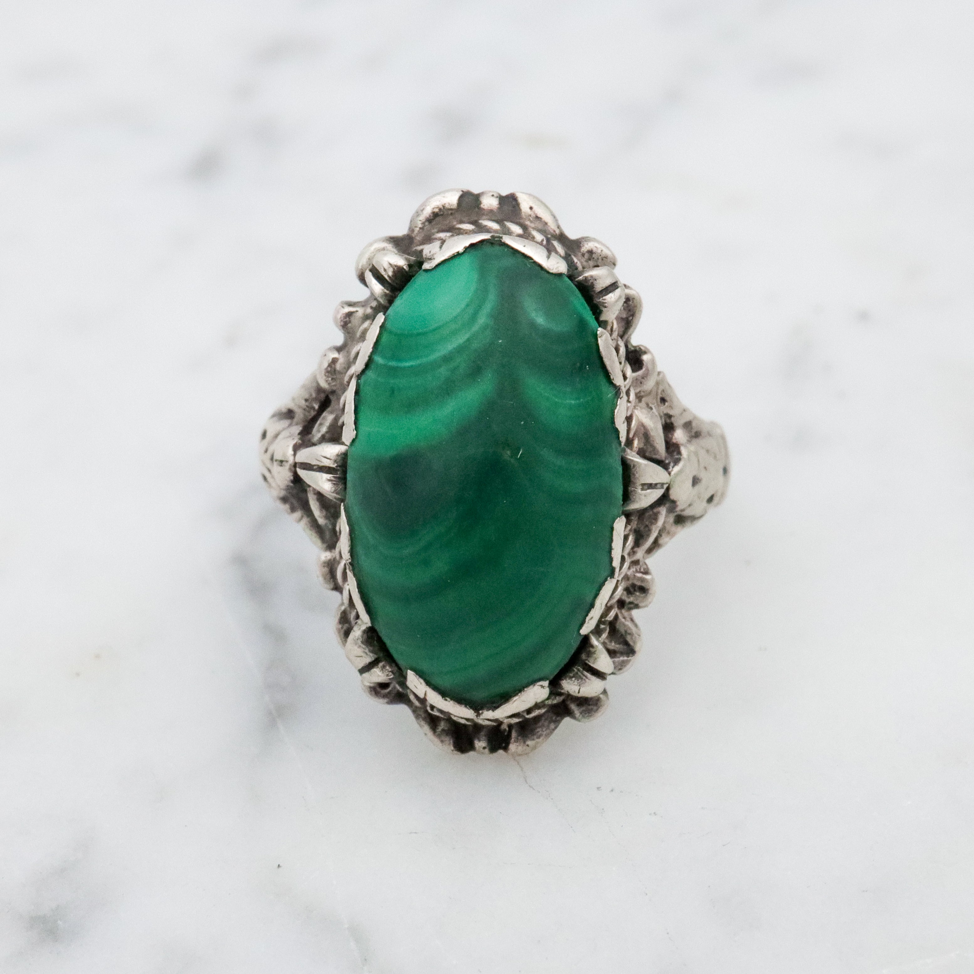 Antique Art Nouveau Austro Hungarian silver malachite ring, size 6.5