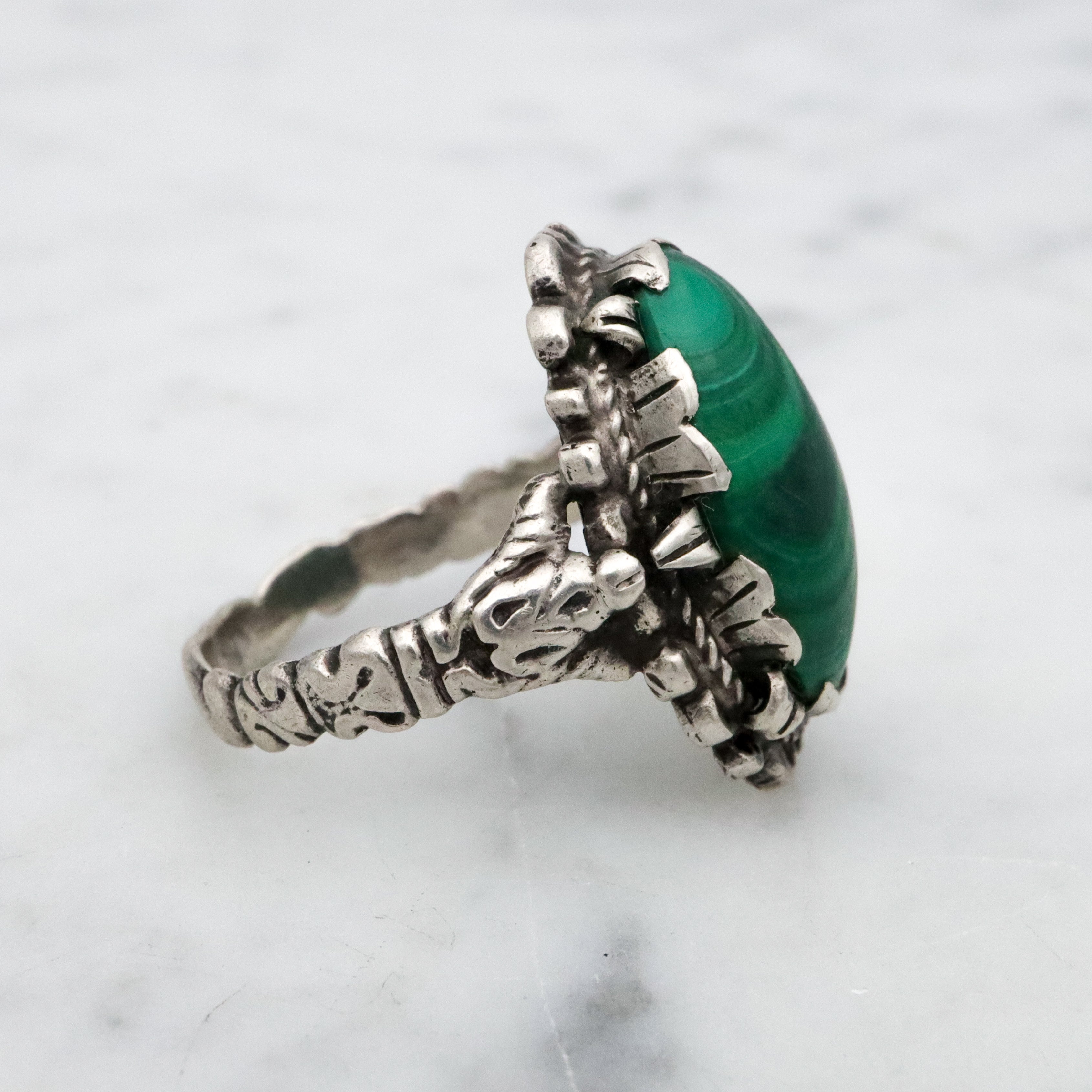 Antique Art Nouveau Austro Hungarian silver malachite ring, size 6.5
