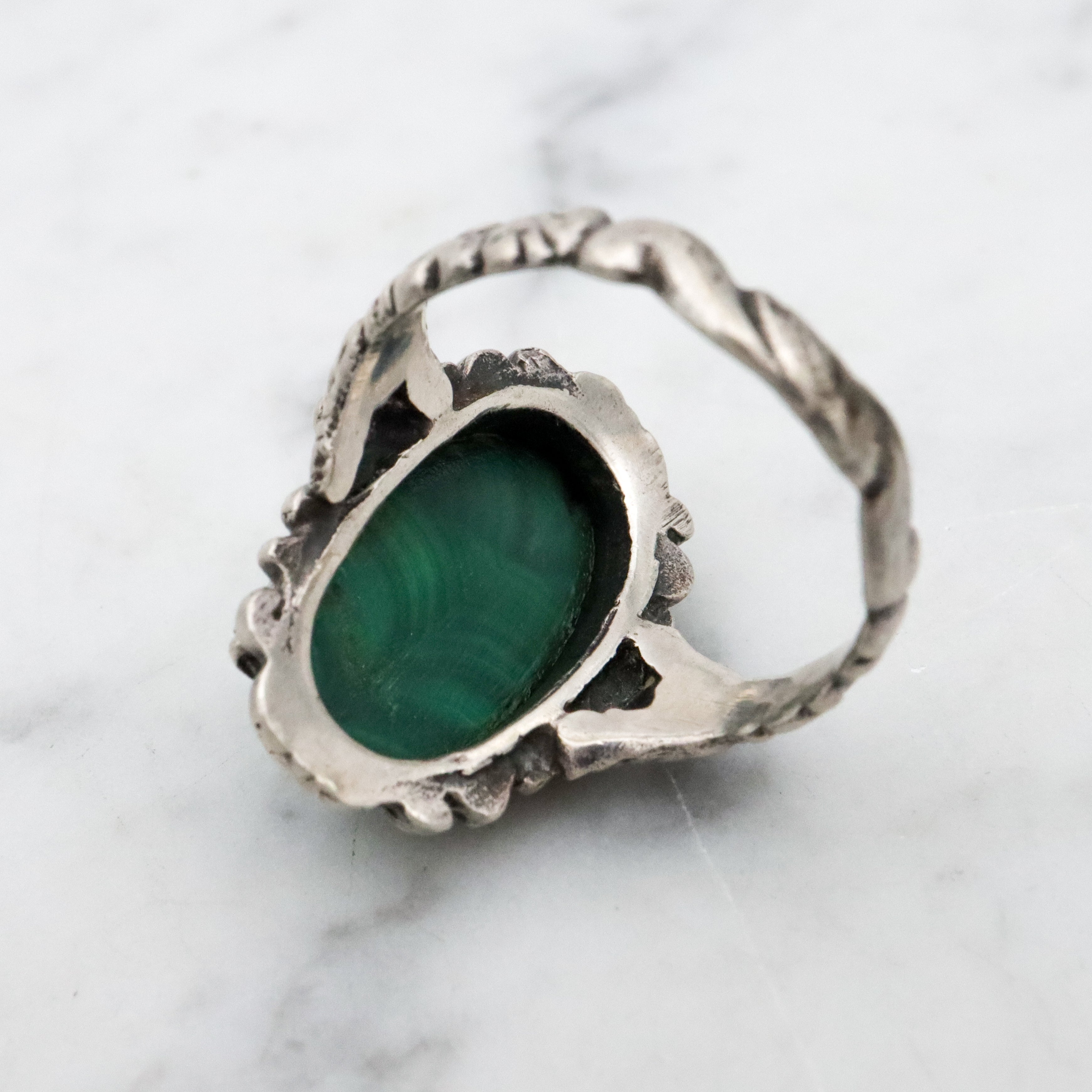 Antique Art Nouveau Austro Hungarian silver malachite ring, size 6.5