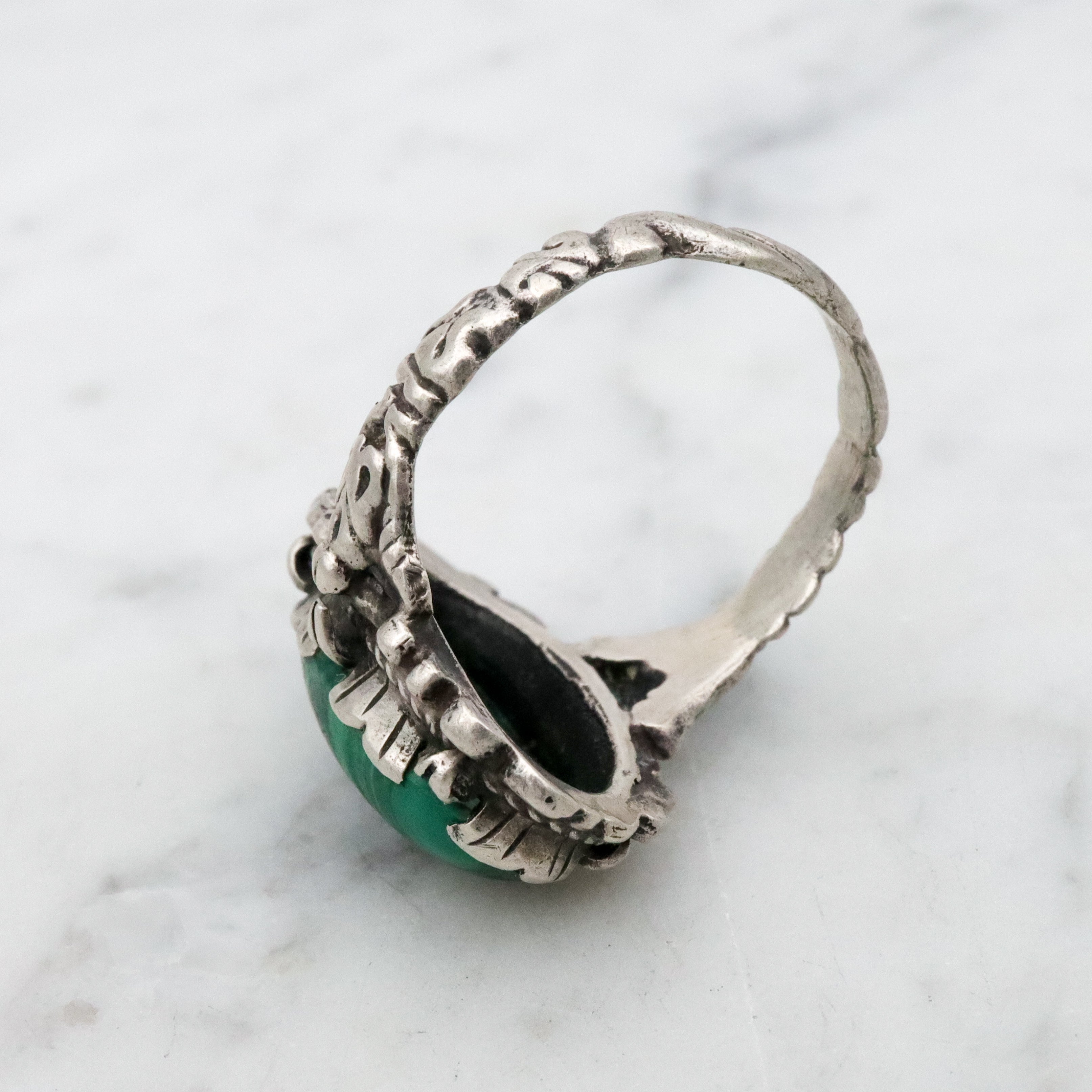 Antique Art Nouveau Austro Hungarian silver malachite ring, size 6.5