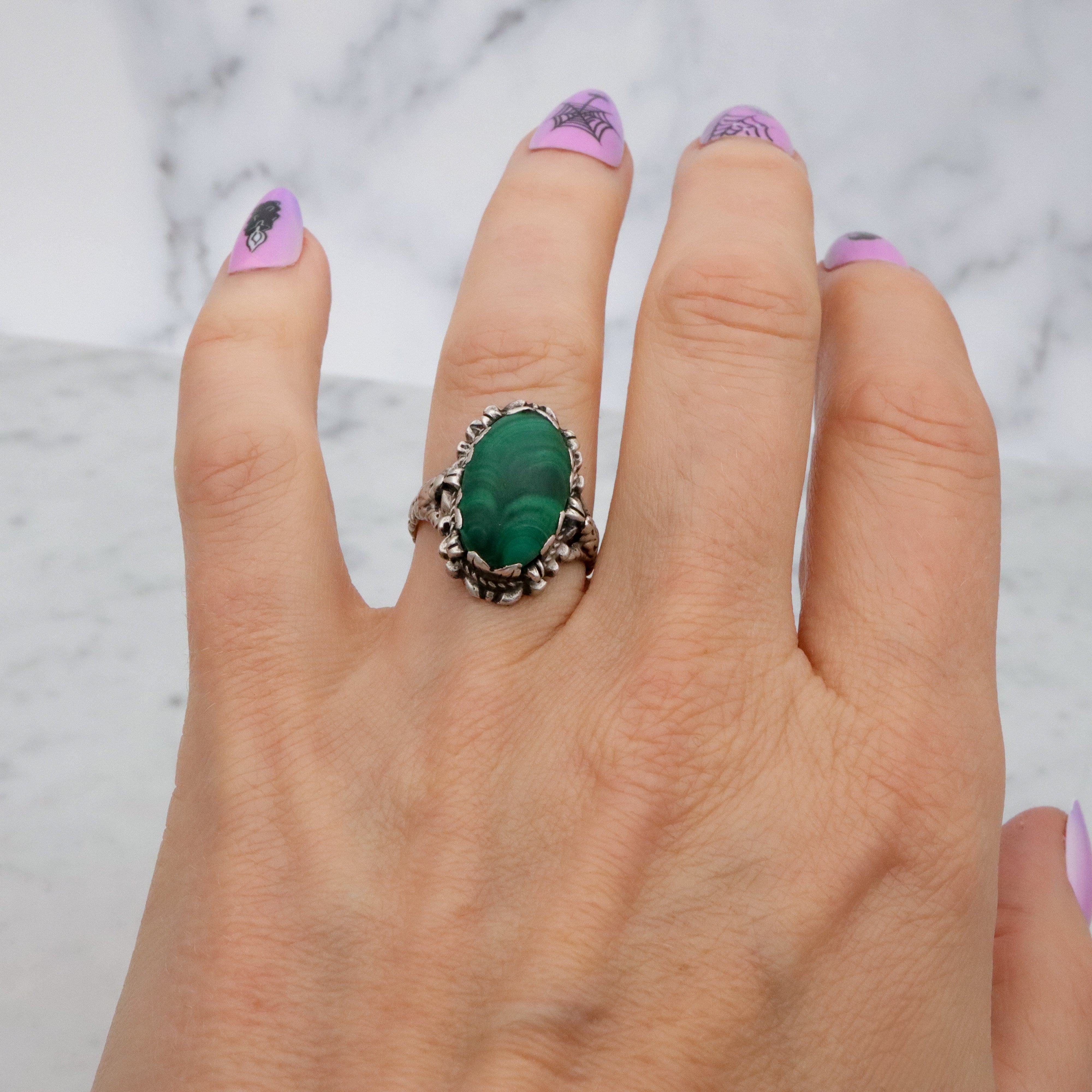 Antique Art Nouveau Austro Hungarian silver malachite ring, size 6.5