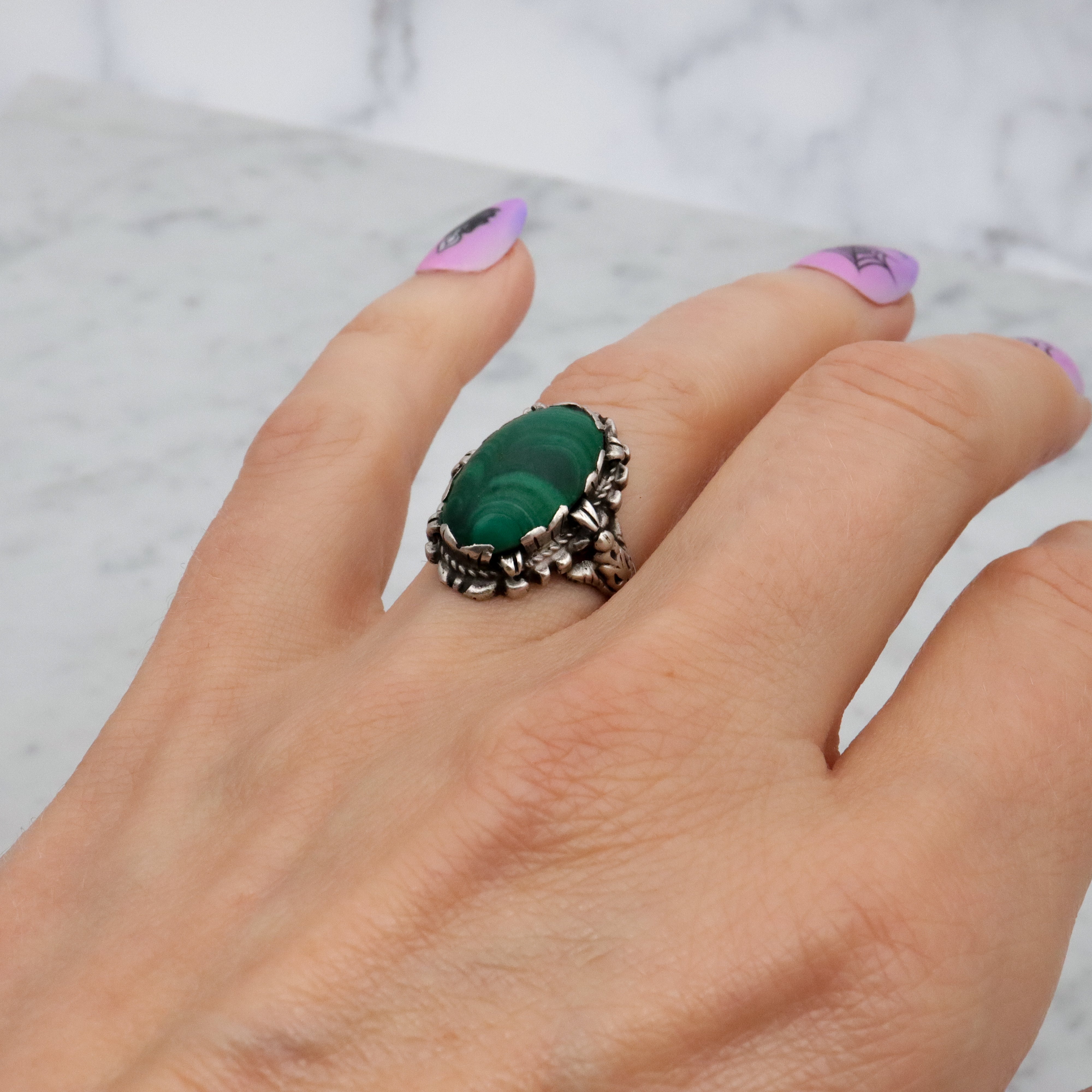 Antique Art Nouveau Austro Hungarian silver malachite ring, size 6.5