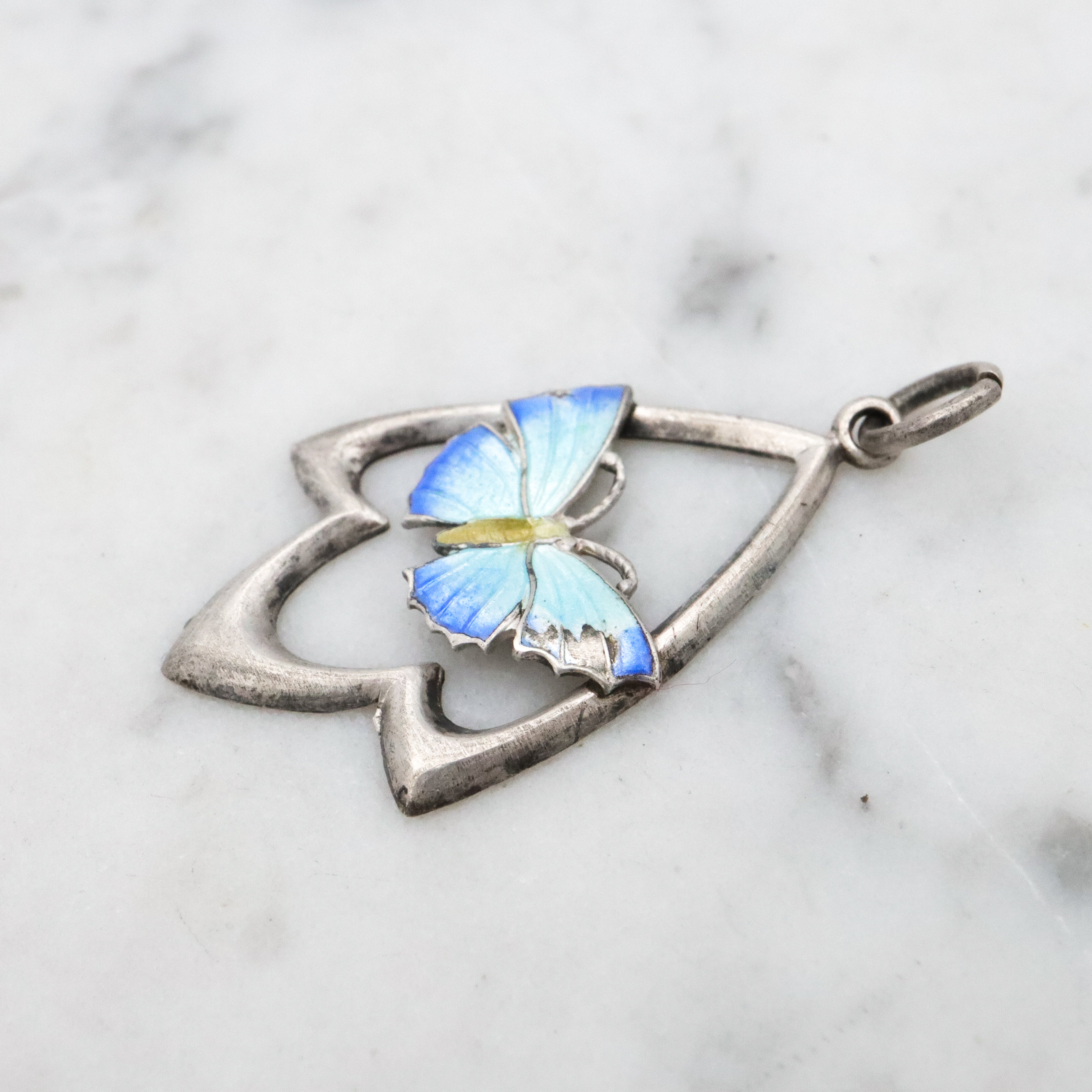 Antique Art Deco Scandinavian sterling enamel butterfly pendant