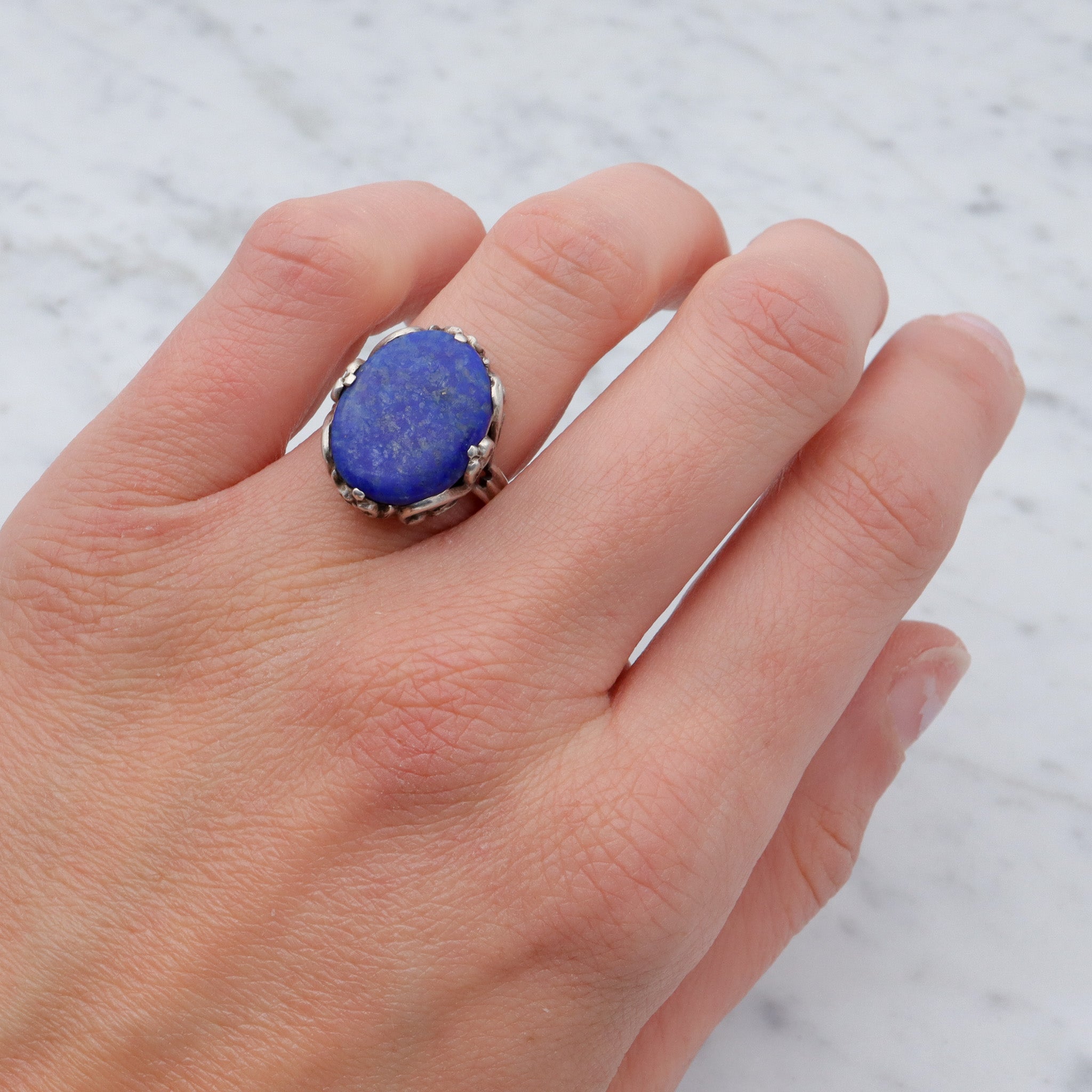 Antique Chinese Art Deco sterling and lapis ring, sz 6.5