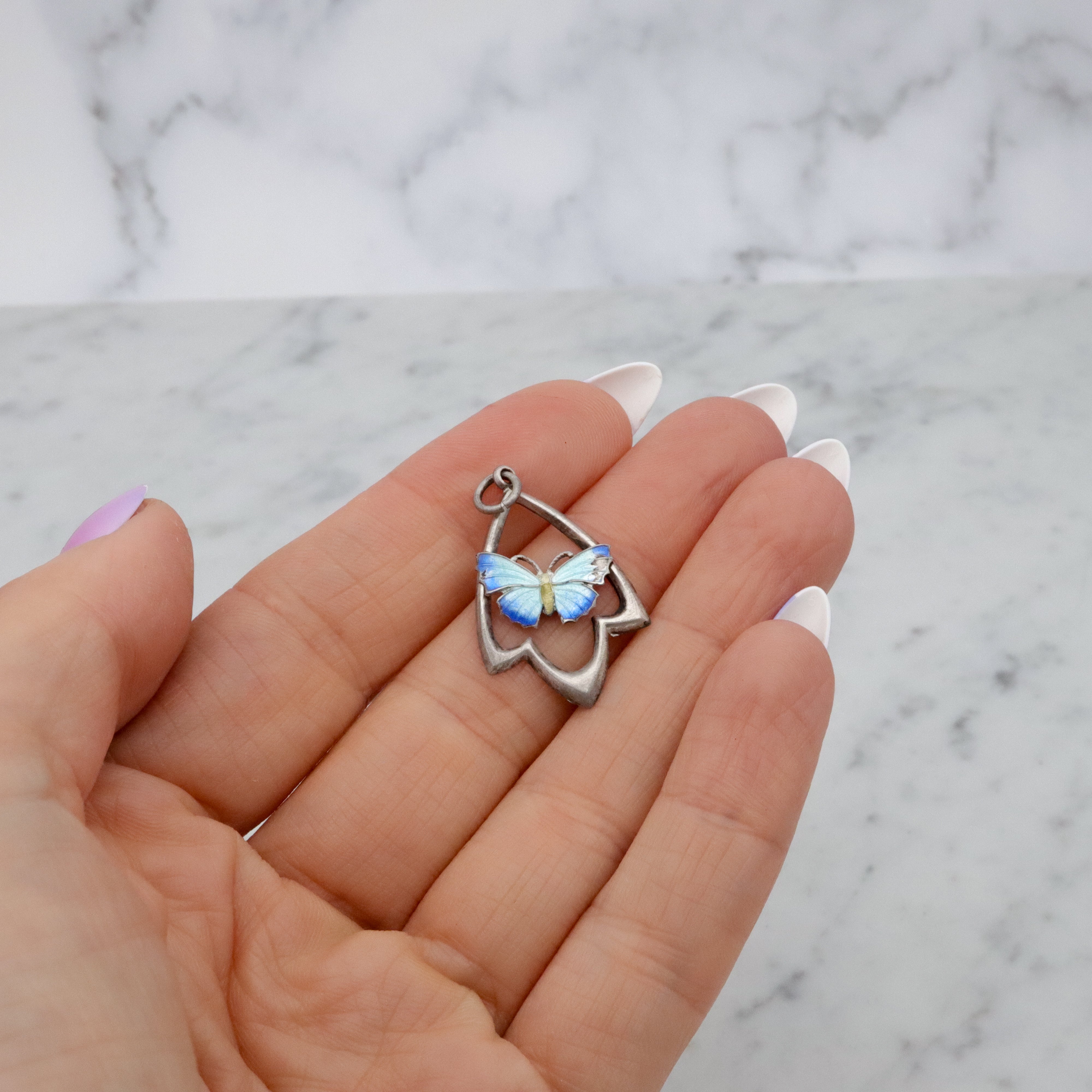 Antique Art Deco Scandinavian sterling enamel butterfly pendant