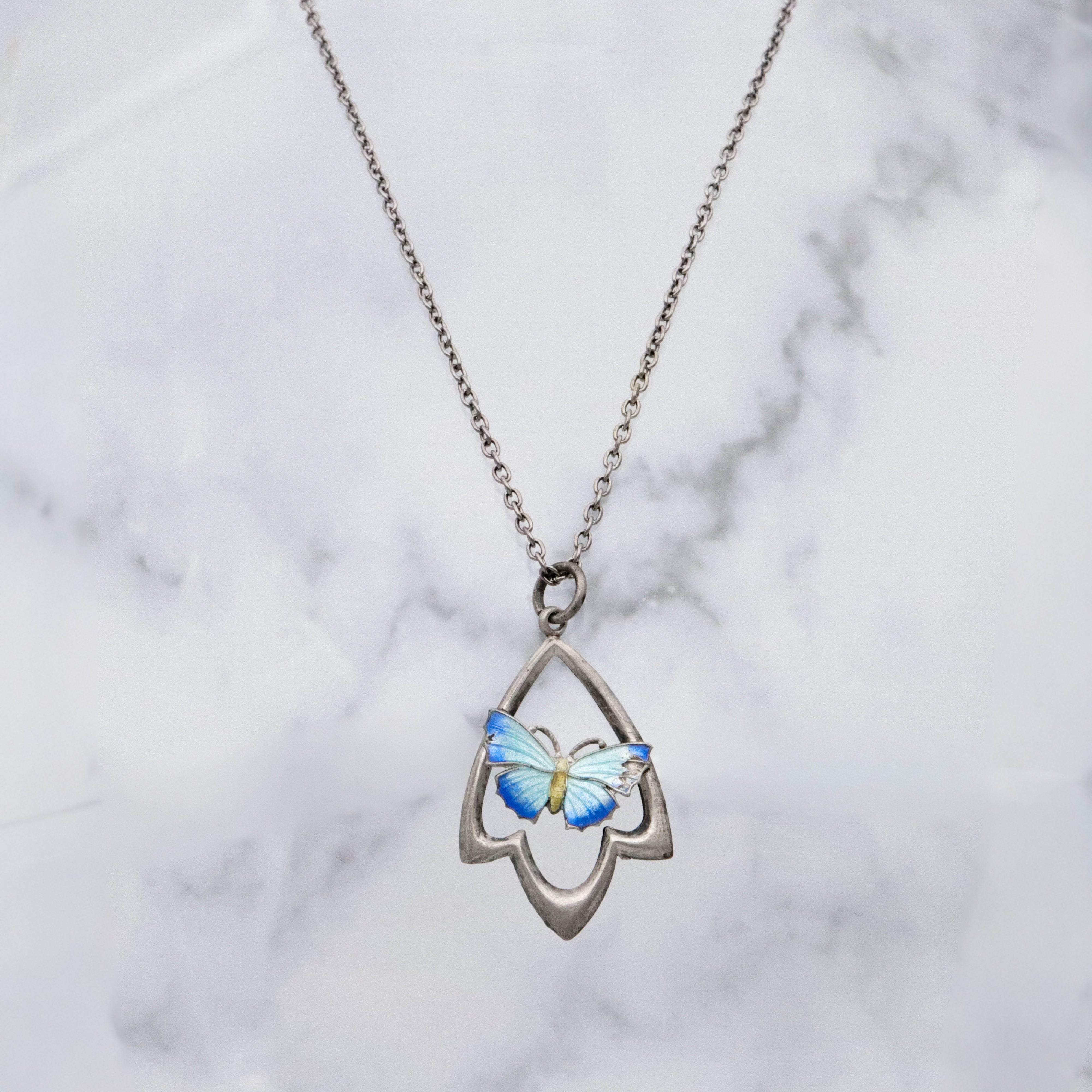 Antique Art Deco Scandinavian sterling enamel butterfly pendant