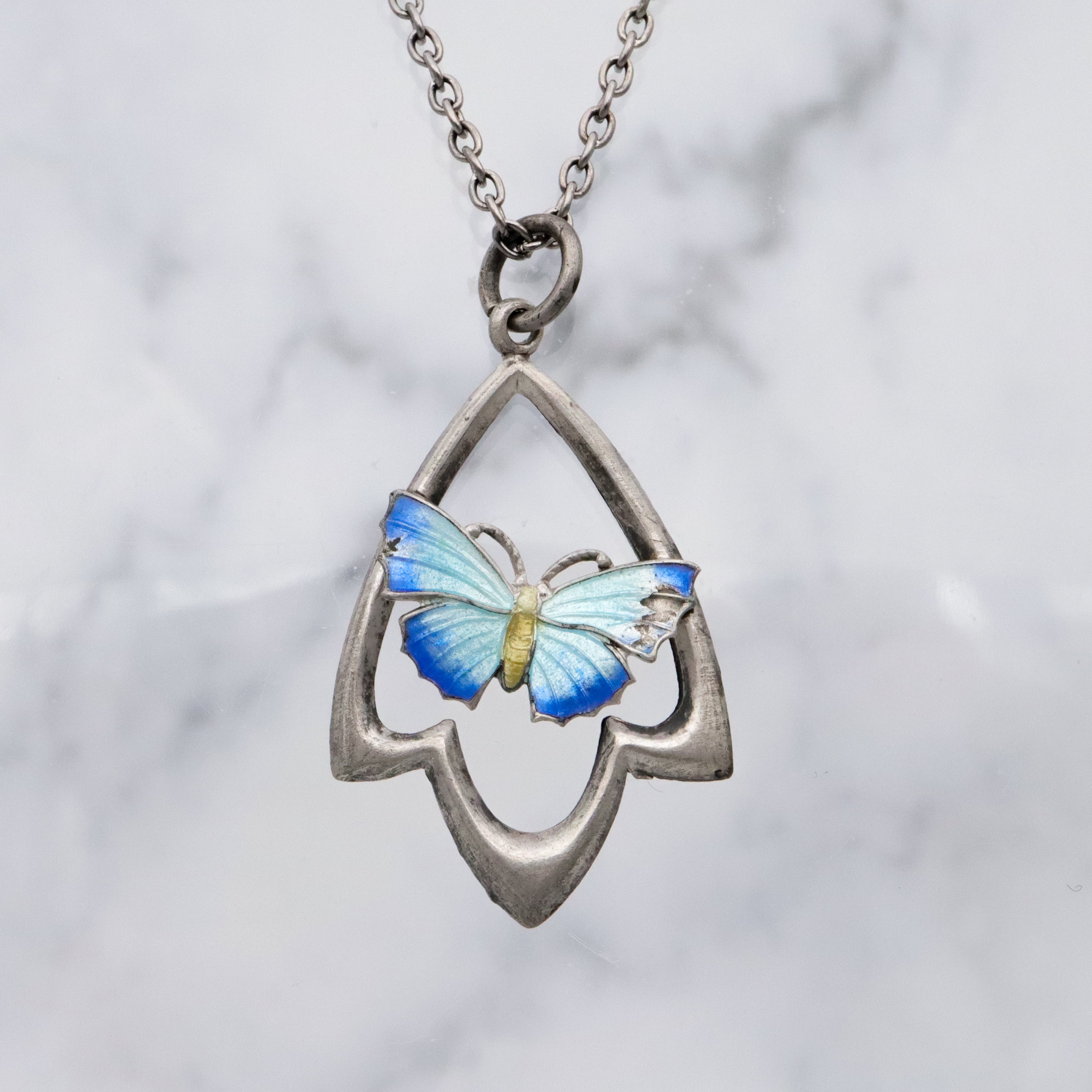 Antique Art Deco Scandinavian sterling enamel butterfly pendant
