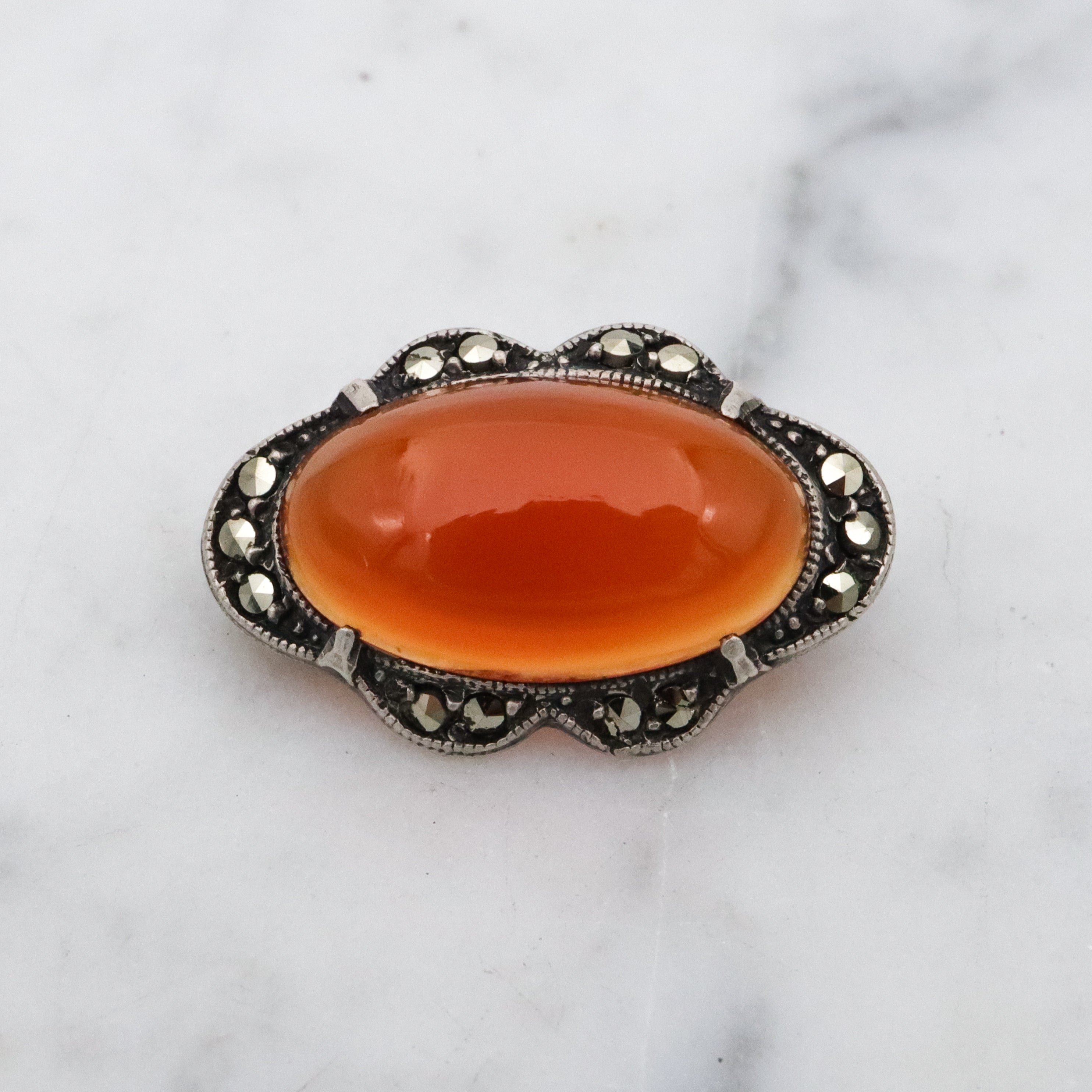 Antique Art Deco sterling carnelian & marcasite brooch