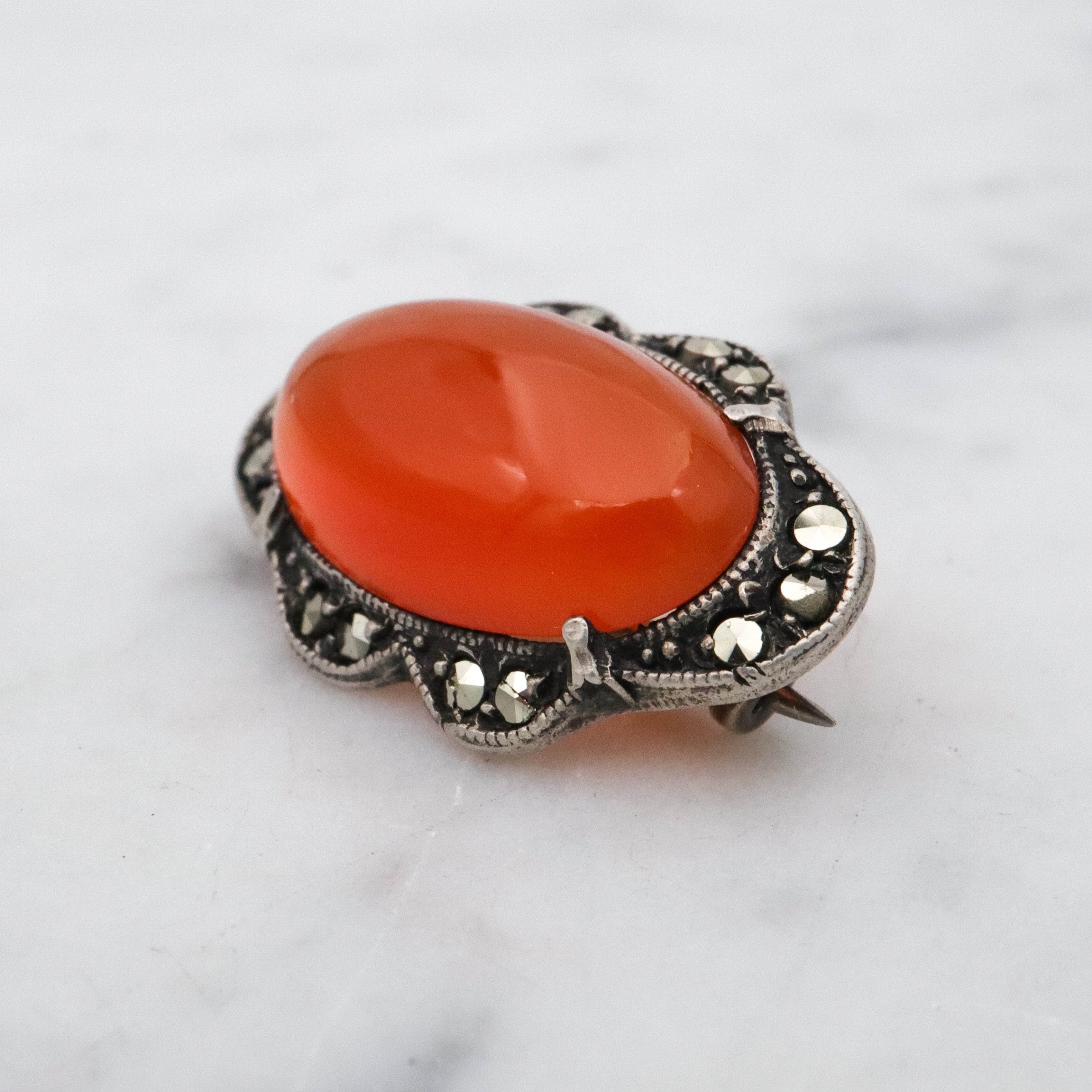 Antique Art Deco sterling carnelian & marcasite brooch