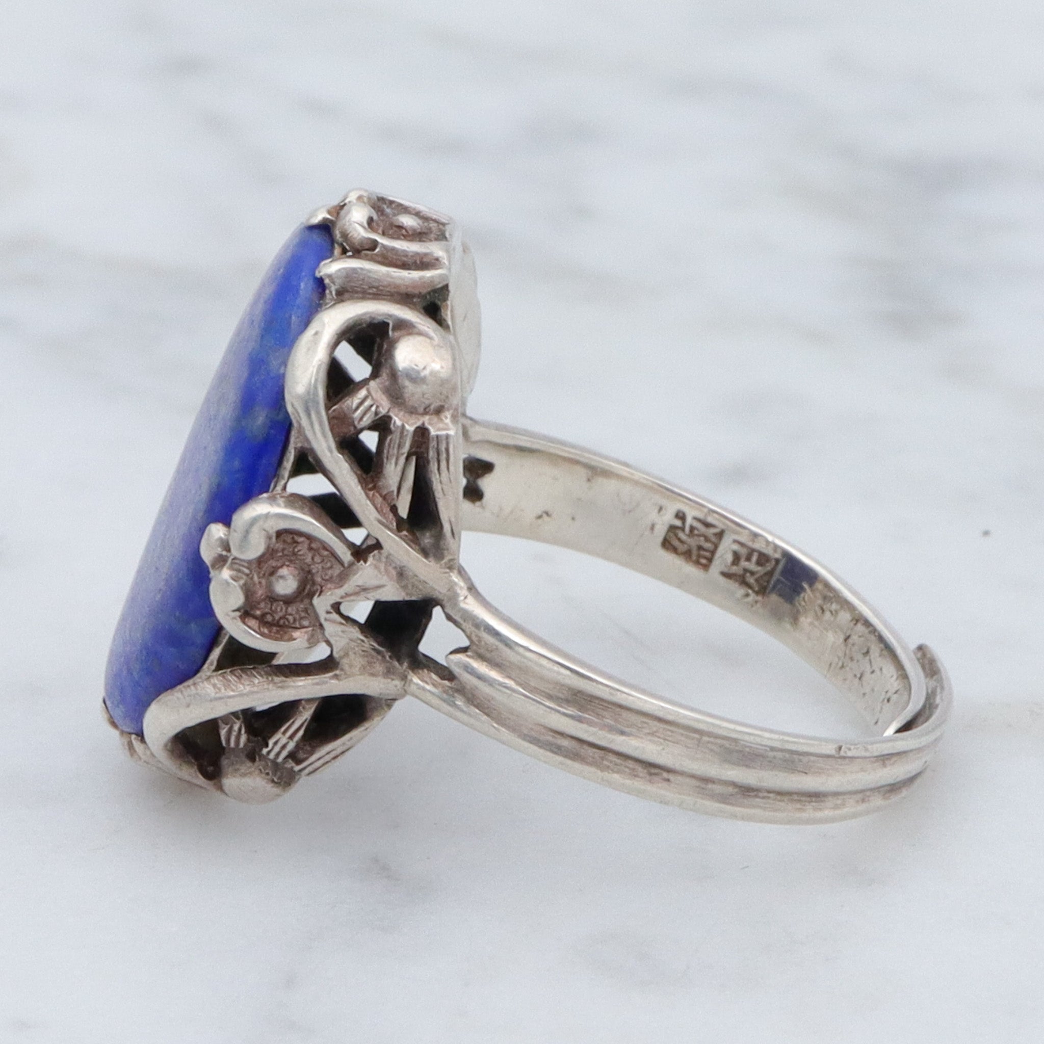 Antique Chinese Art Deco sterling and lapis ring, sz 6.5