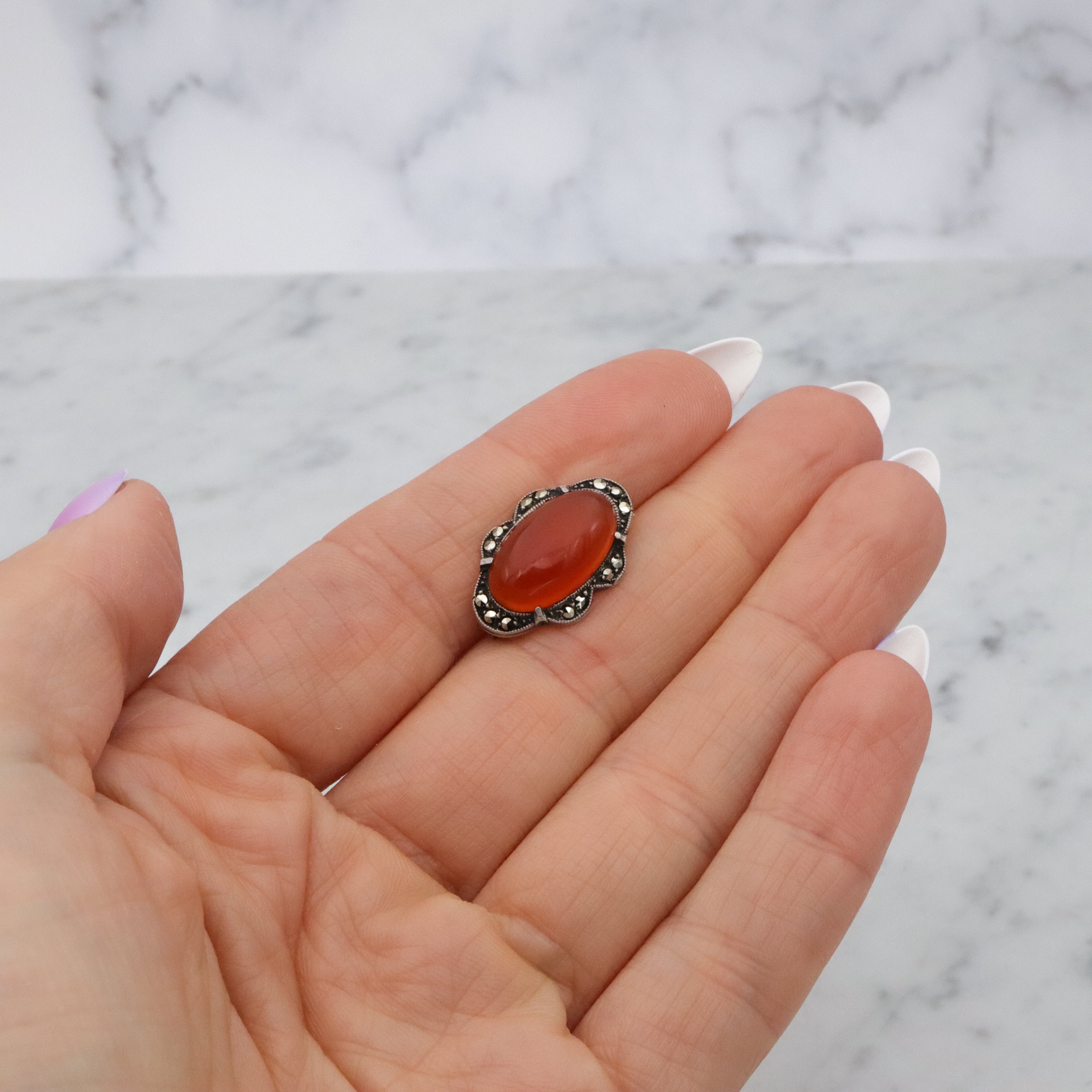 Antique Art Deco sterling carnelian & marcasite brooch