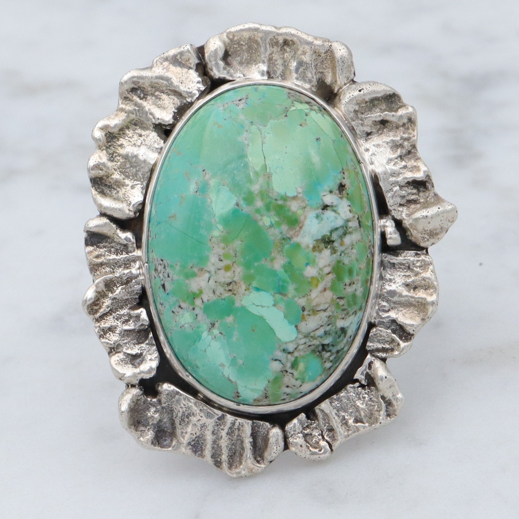 Vintage Navajo Brutalist sterling silver & turquoise ring by Ronald Tom, sz 10