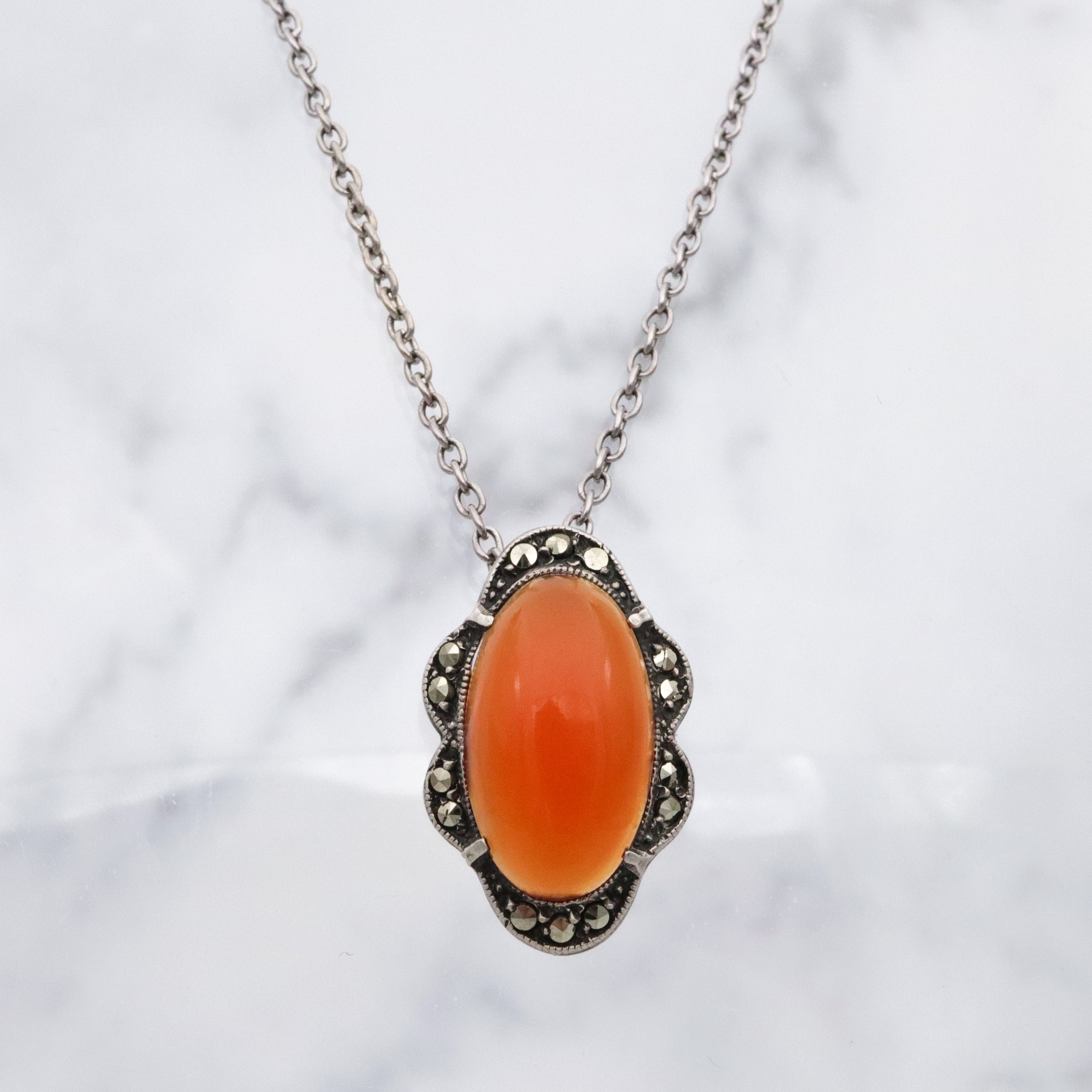 Antique Art Deco sterling carnelian & marcasite brooch