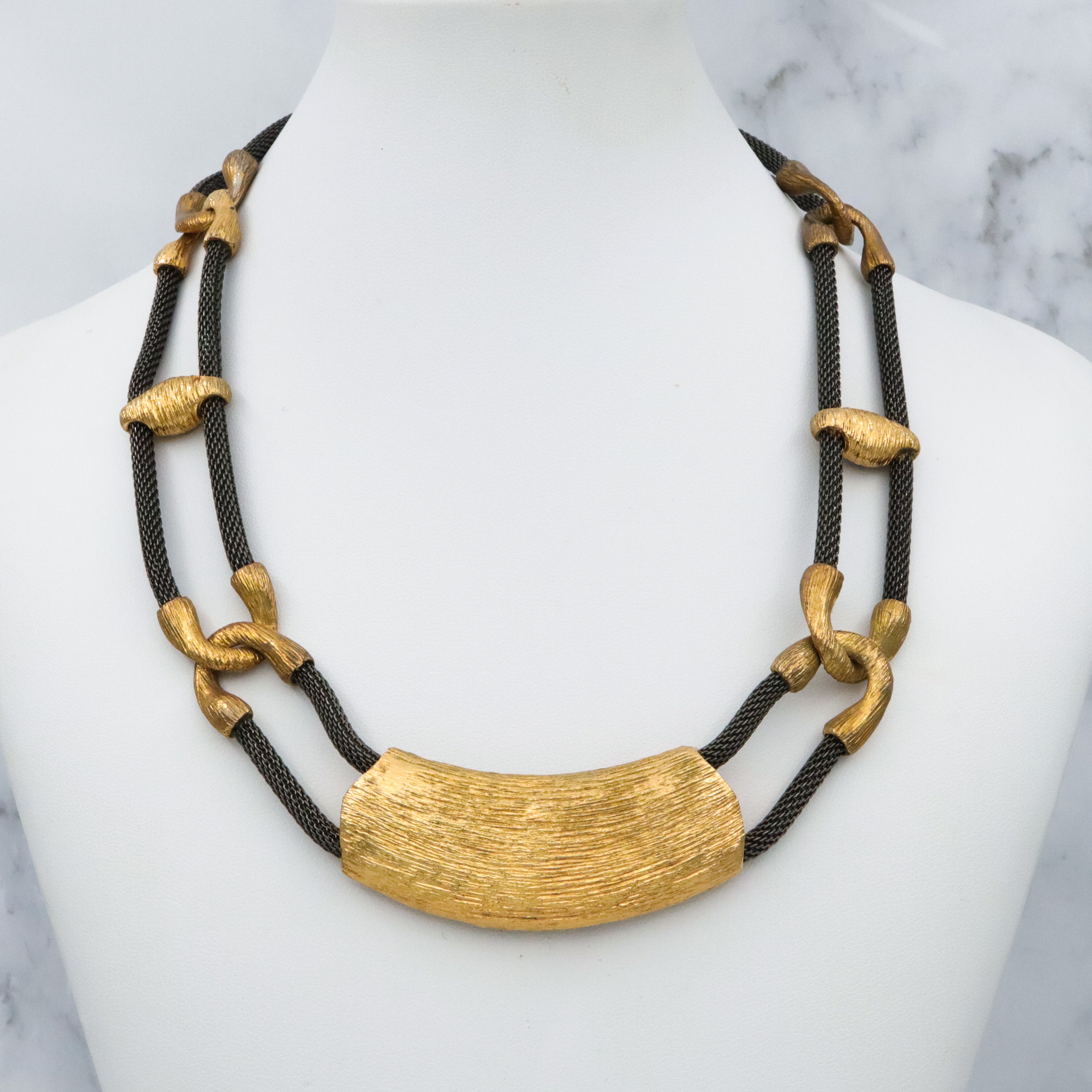 Retro Ron Rizzo designer oxidized mesh & gold plated link necklace