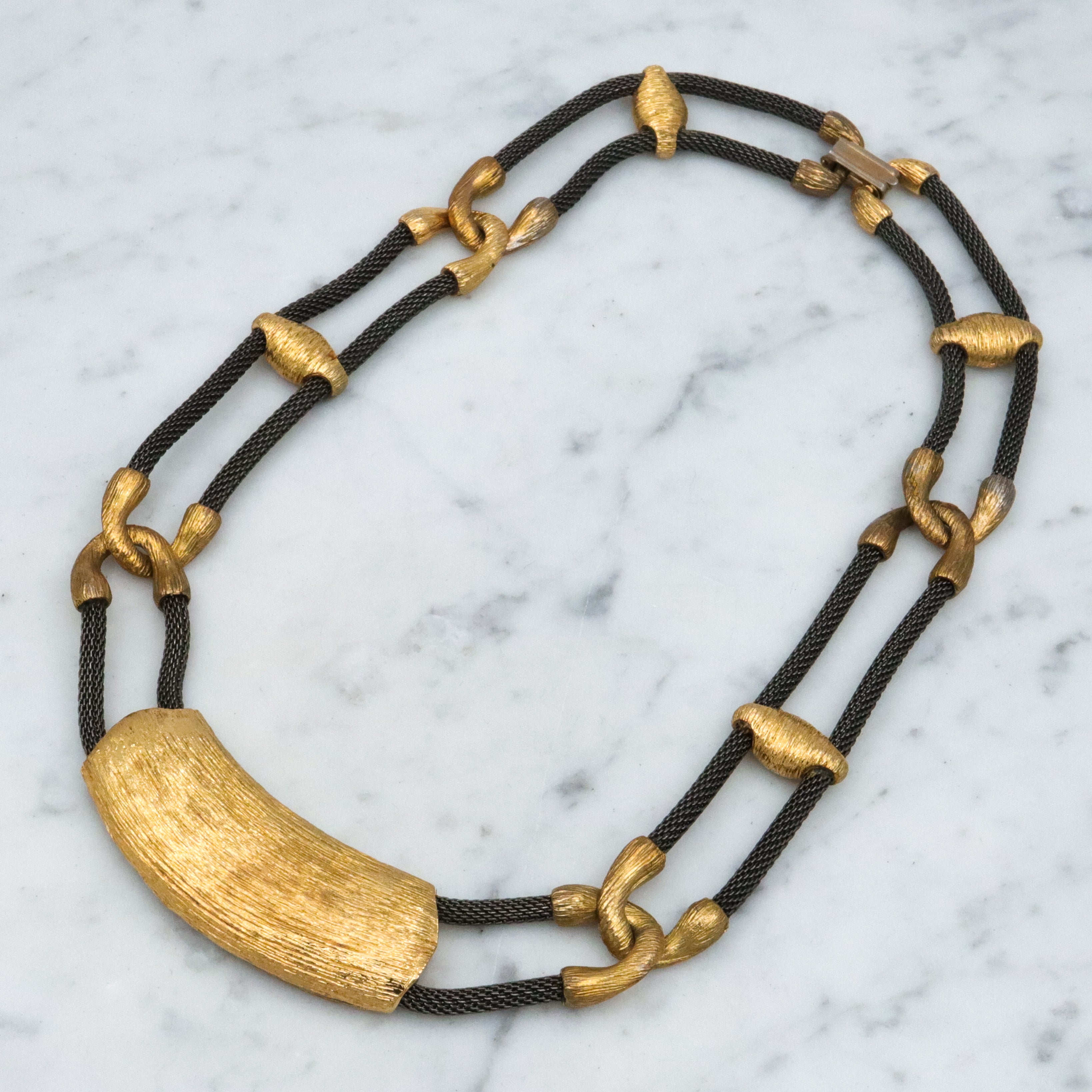 Retro Ron Rizzo designer oxidized mesh & gold plated link necklace