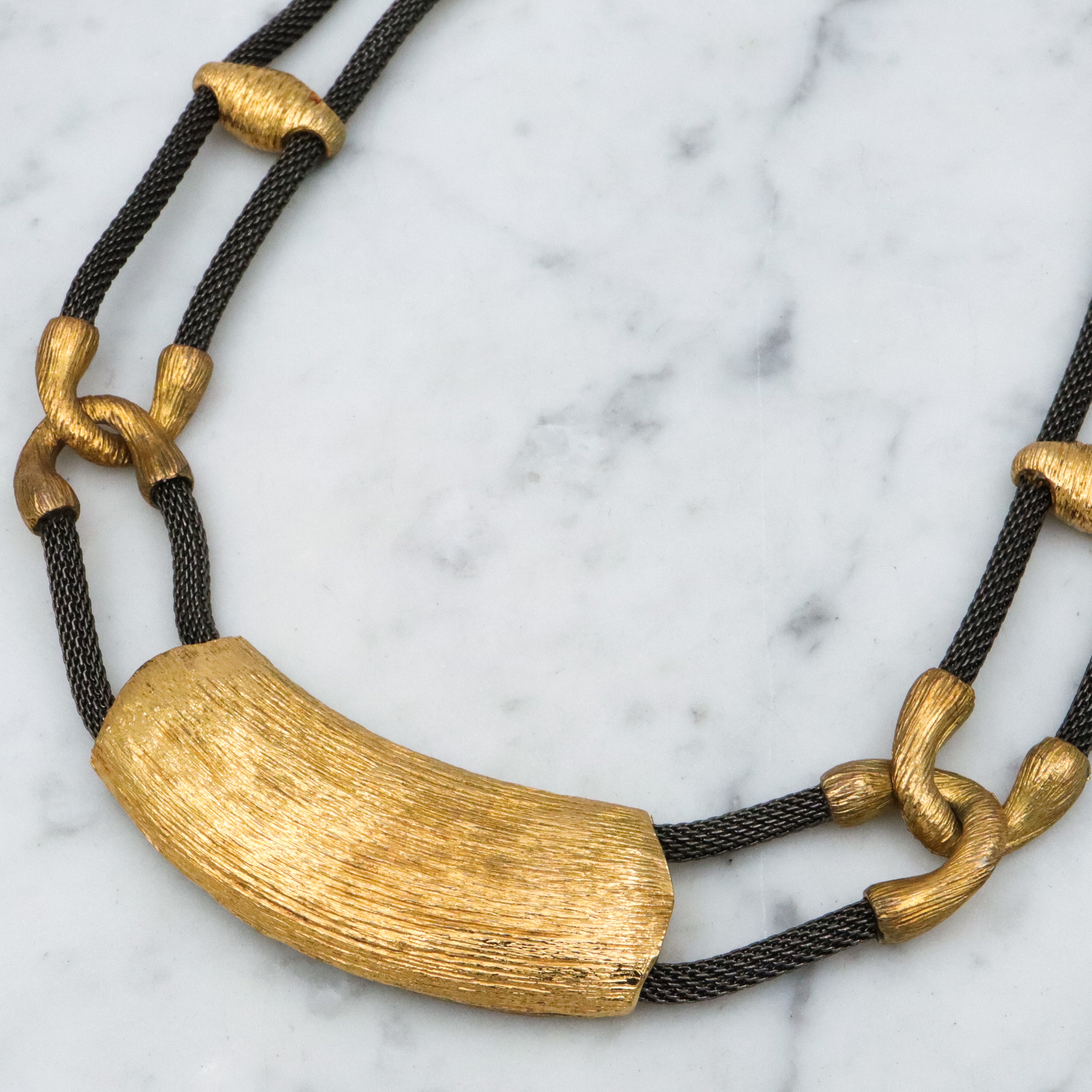 Retro Ron Rizzo designer oxidized mesh & gold plated link necklace