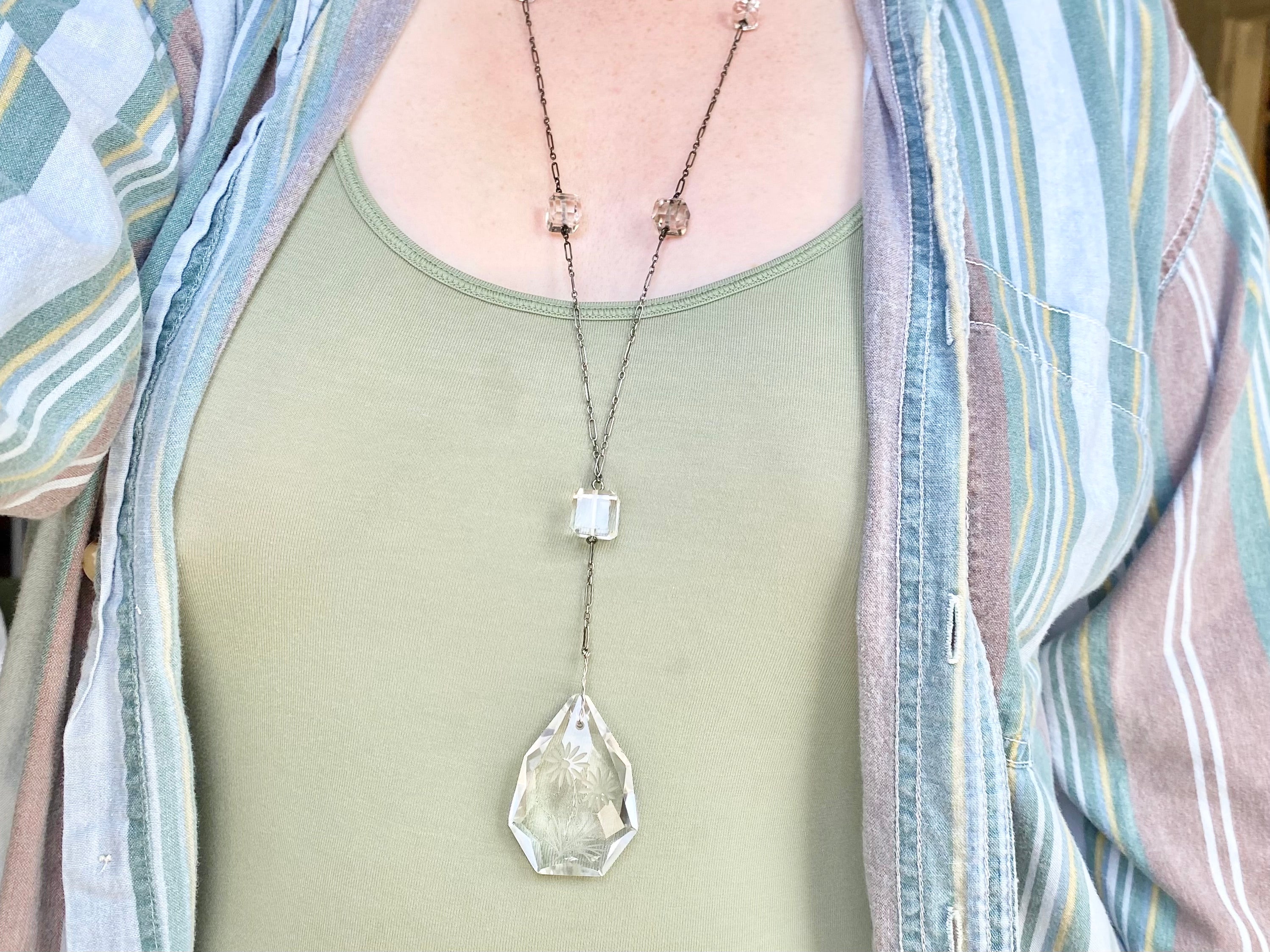 Exceptional Antique Art Deco sterling & carved rock crystal block bead and teardrop necklace