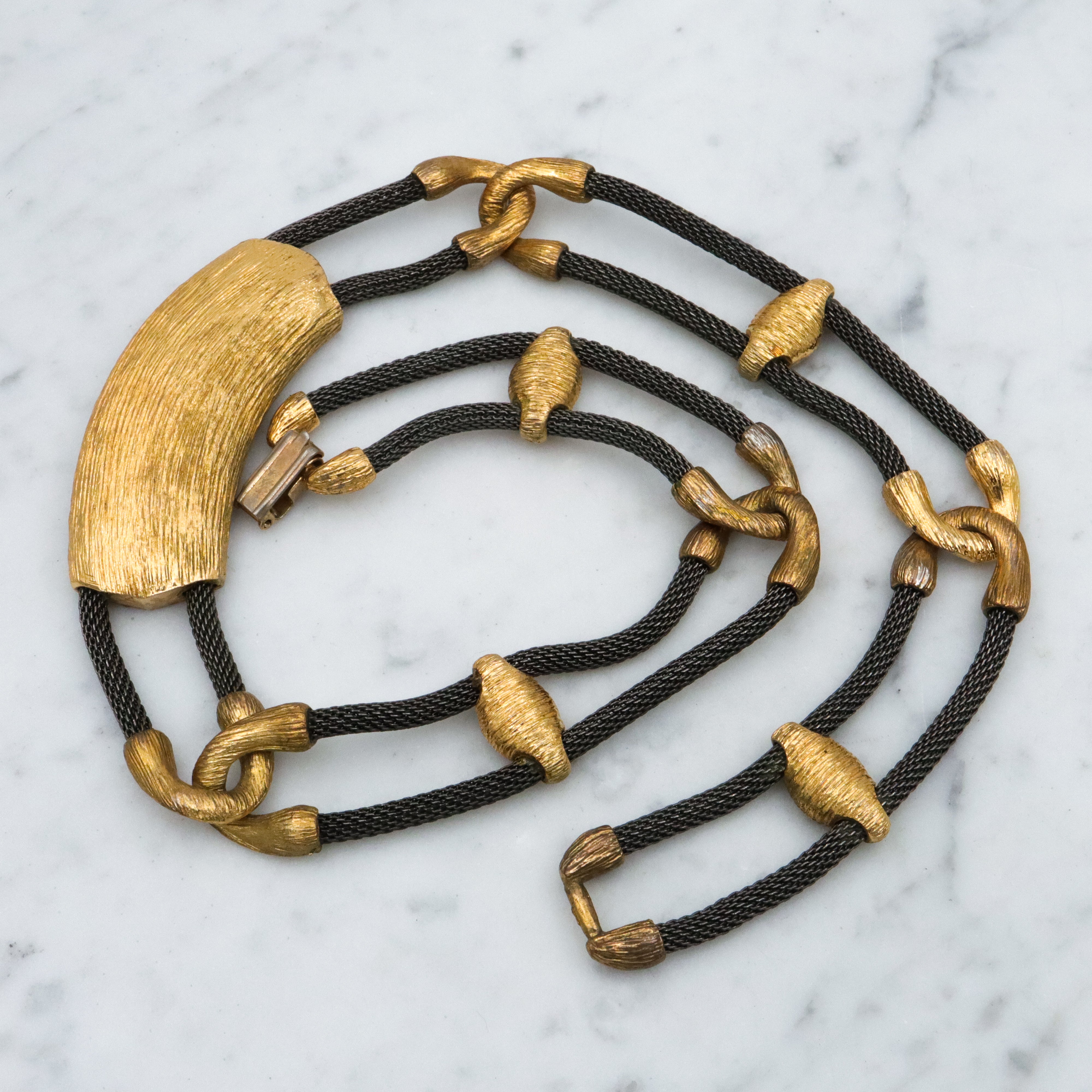 Retro Ron Rizzo designer oxidized mesh & gold plated link necklace