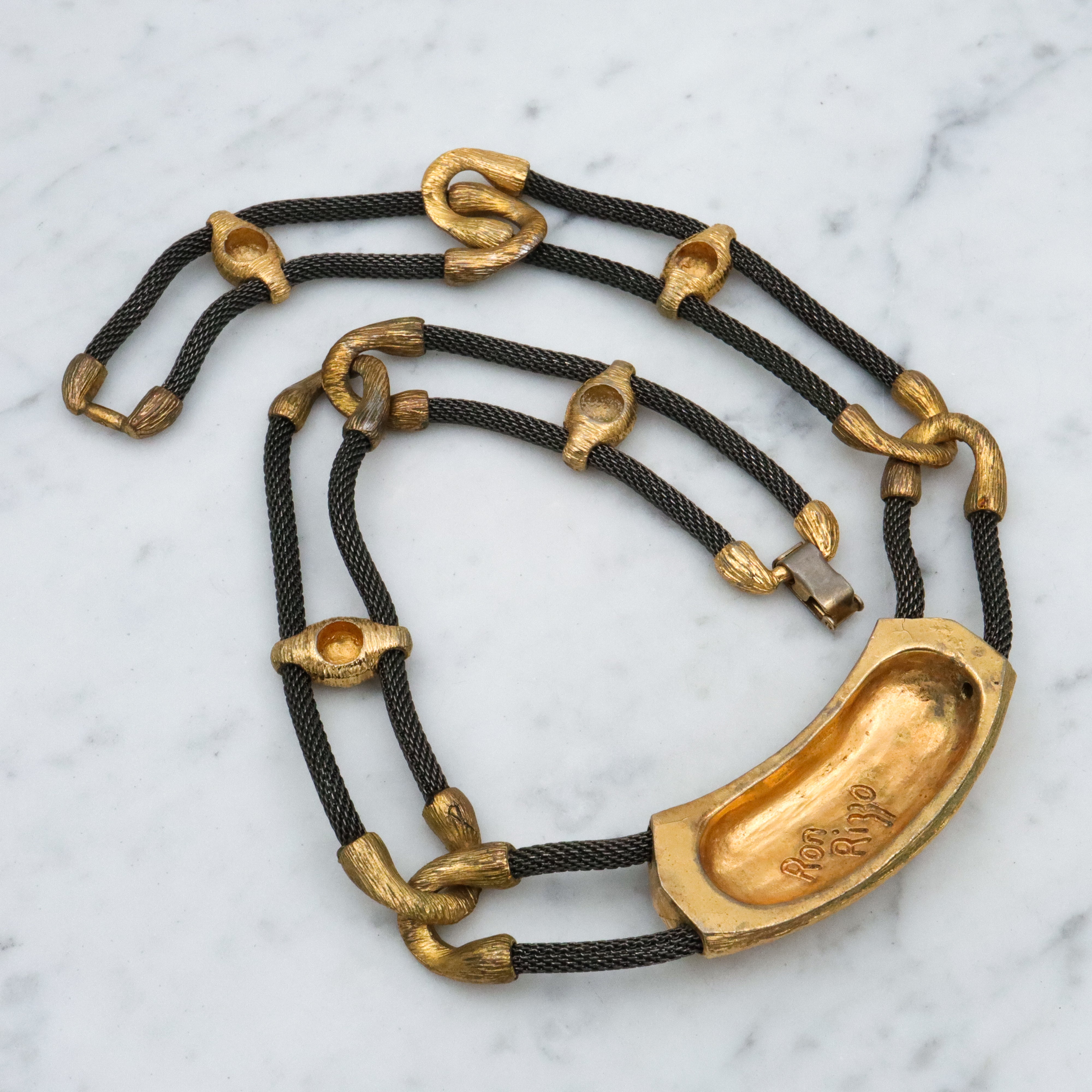 Retro Ron Rizzo designer oxidized mesh & gold plated link necklace