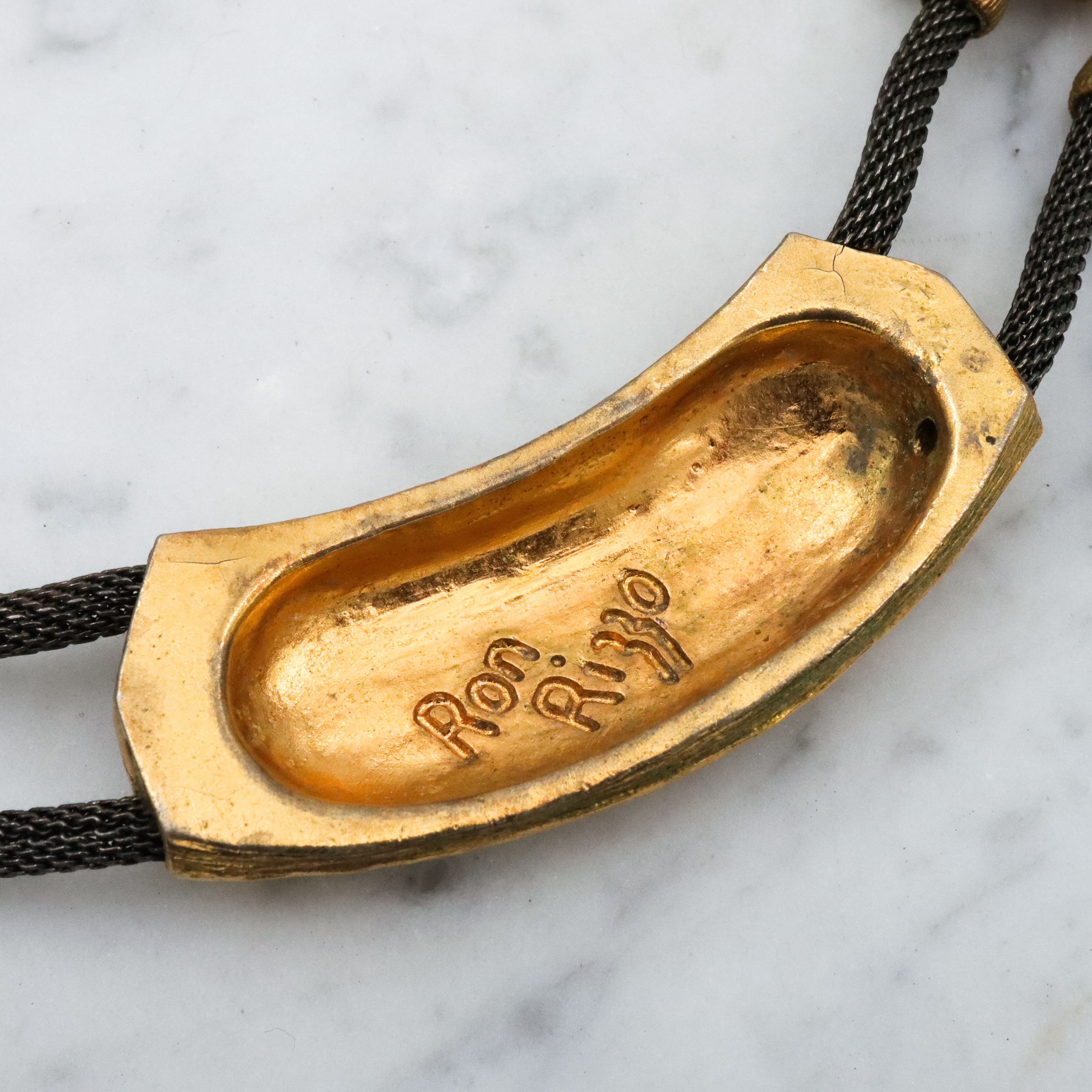 Retro Ron Rizzo designer oxidized mesh & gold plated link necklace