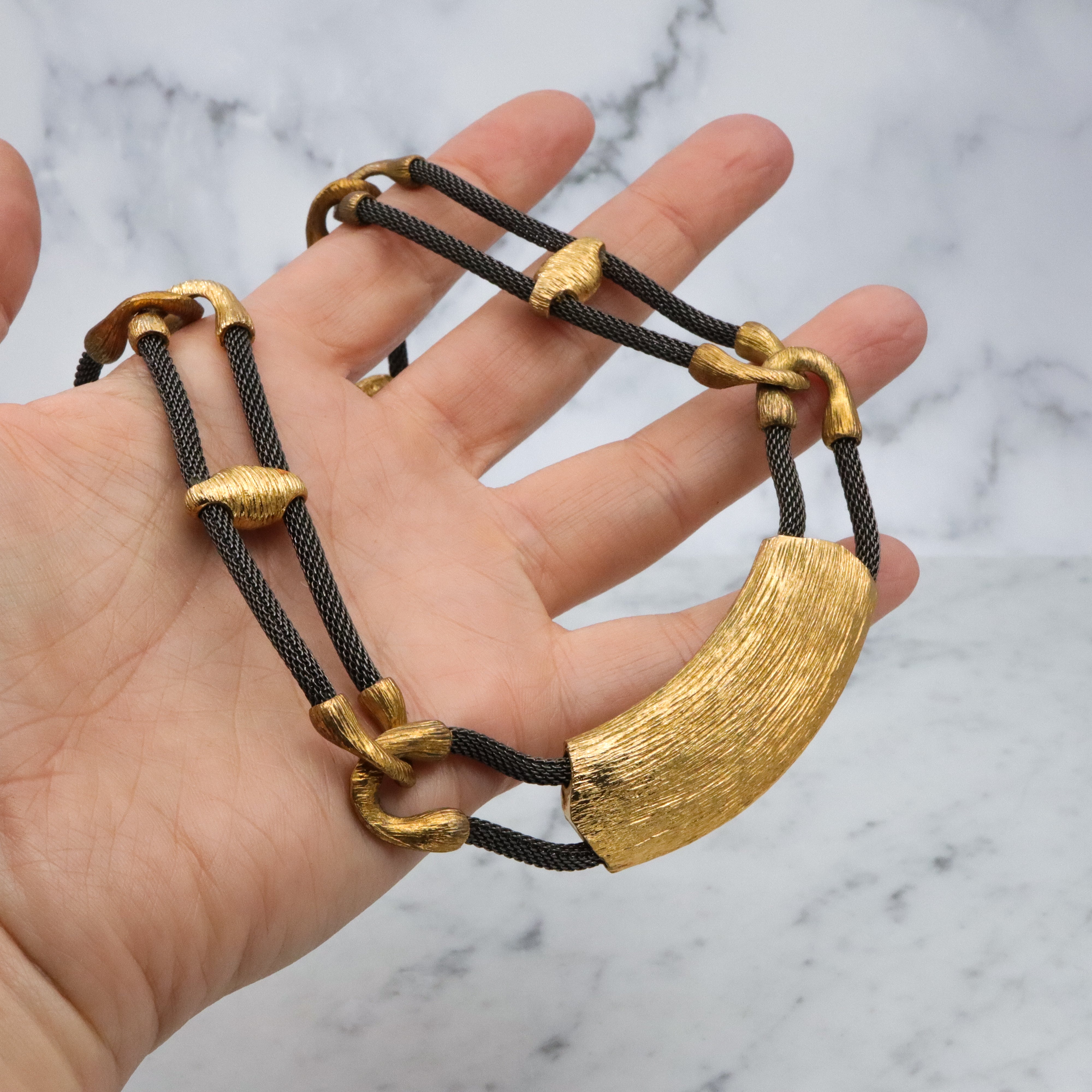 Retro Ron Rizzo designer oxidized mesh & gold plated link necklace