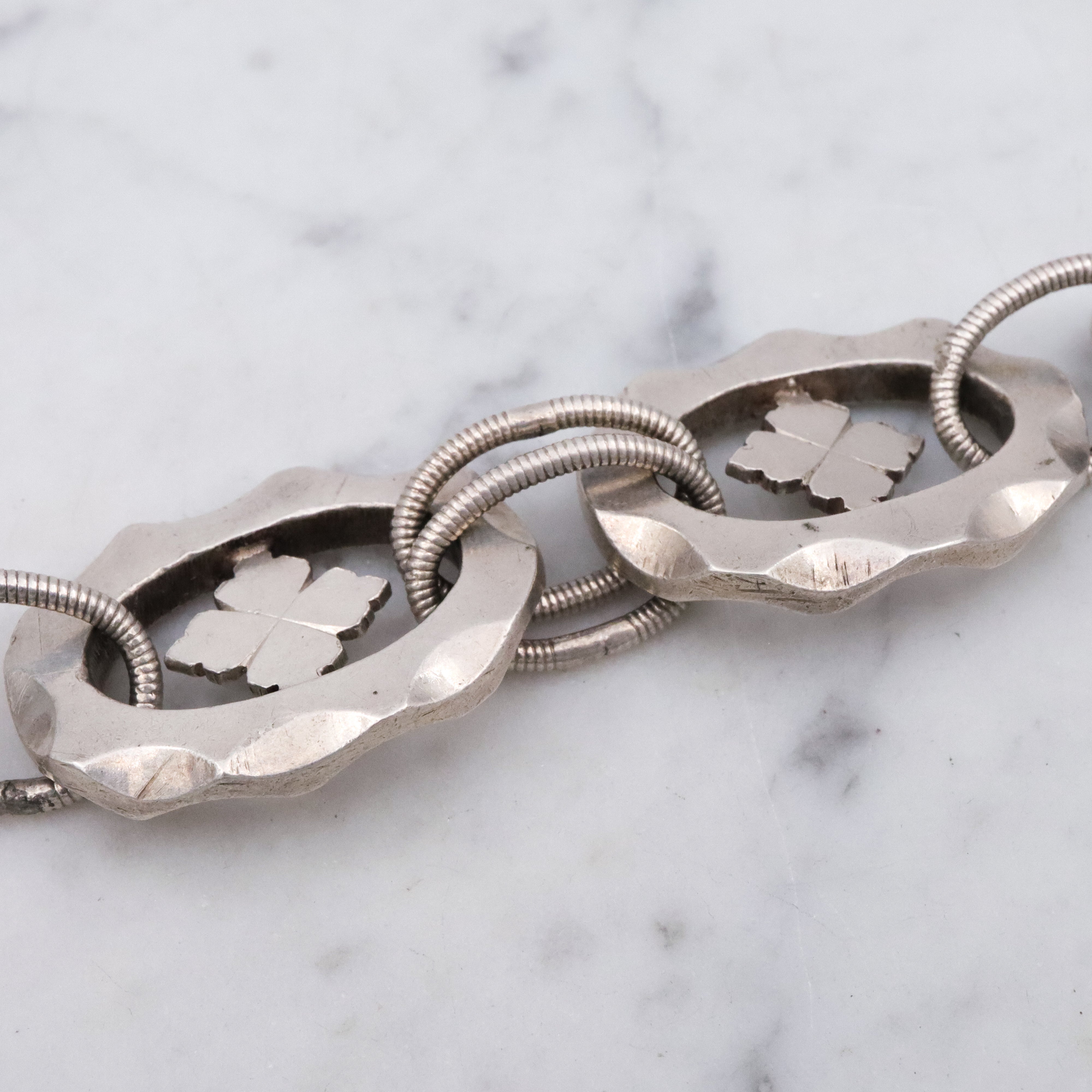 Mid Century hand wrought sterling hammered link clover motif bracelet