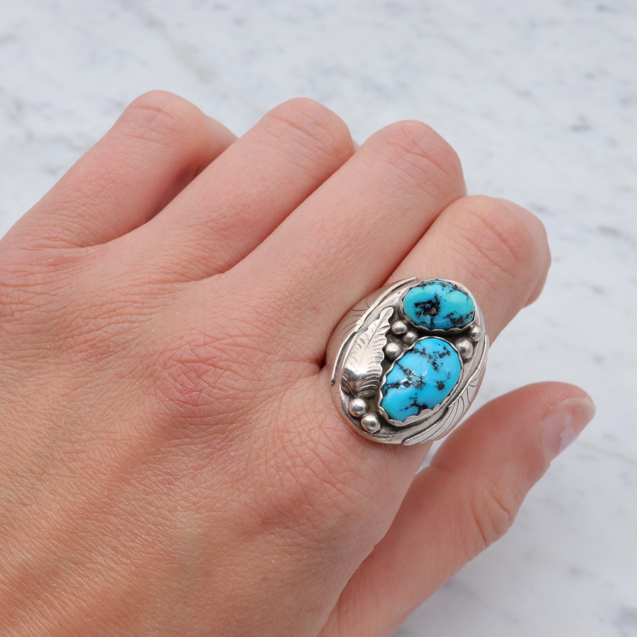 Mid Century Modern Navajo sterling & turquoise ring, sz 10