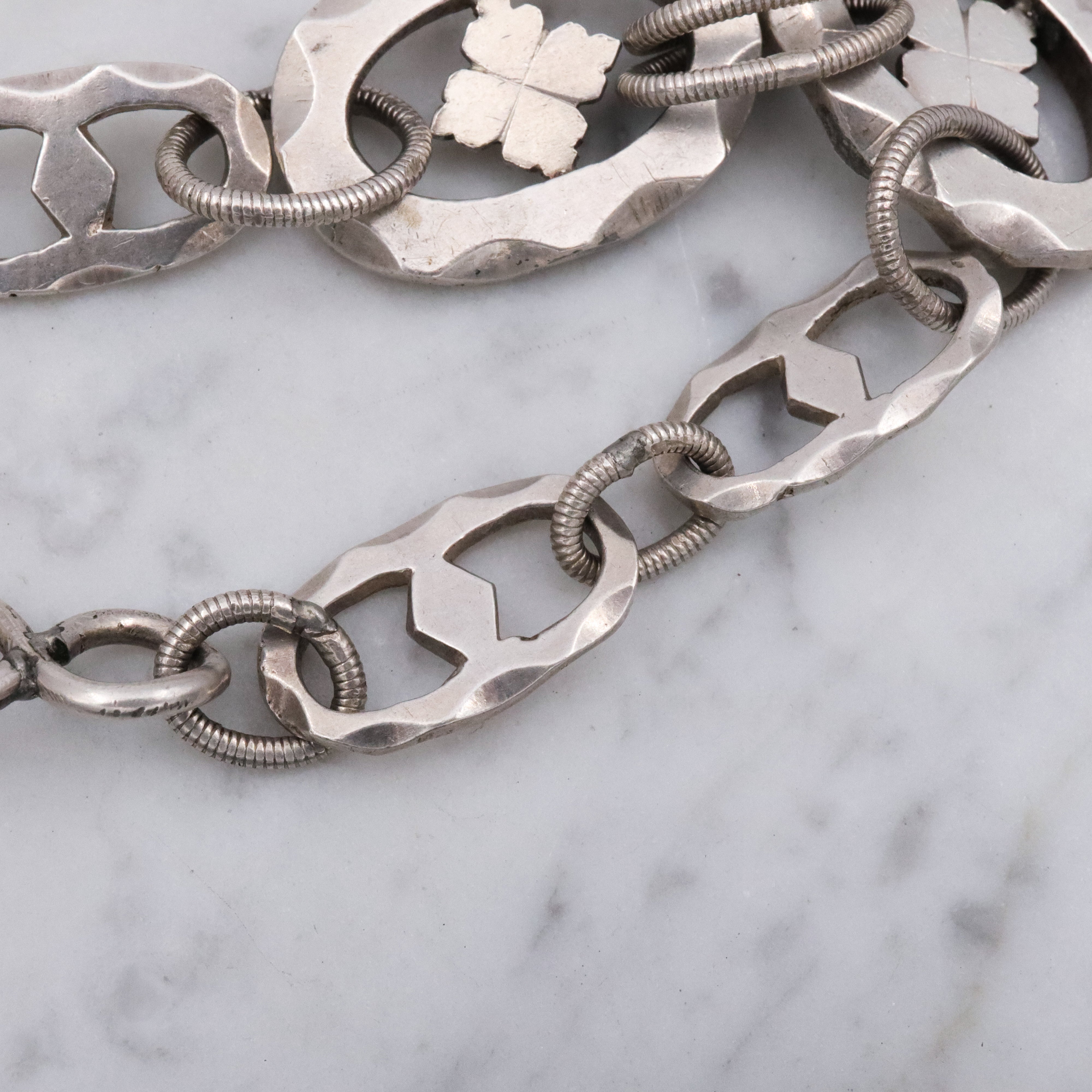 Mid Century hand wrought sterling hammered link clover motif bracelet
