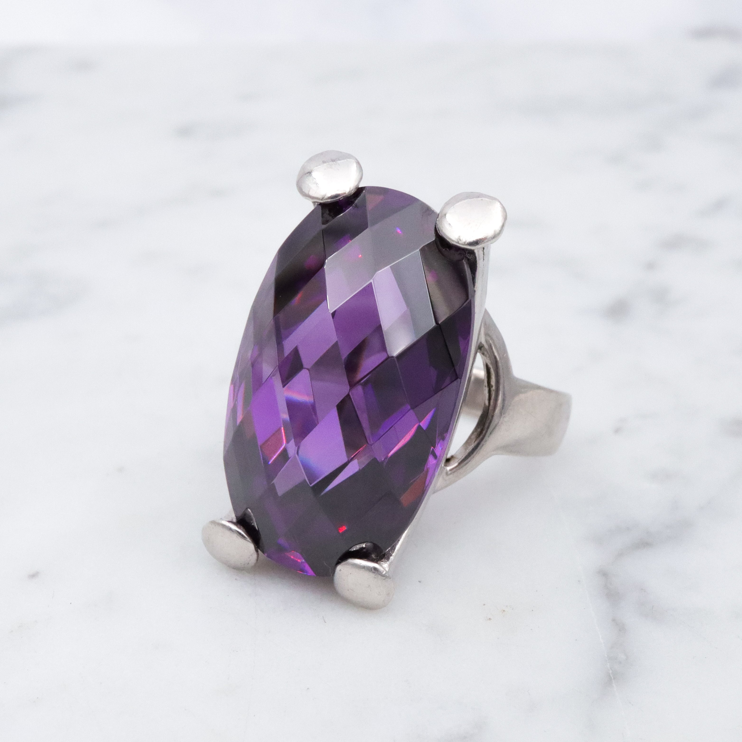 Retro huge checkerboard cut faux amethyst sterling cocktail ring, size 8