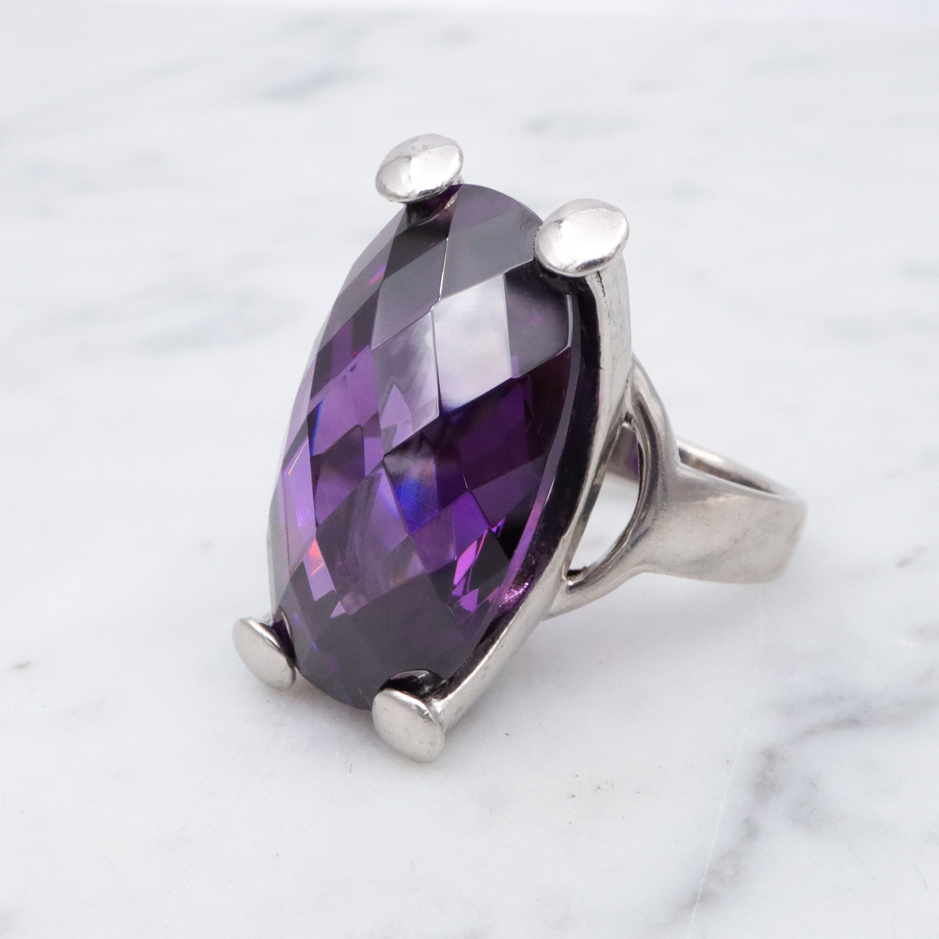 Retro huge checkerboard cut faux amethyst sterling cocktail ring, size 8
