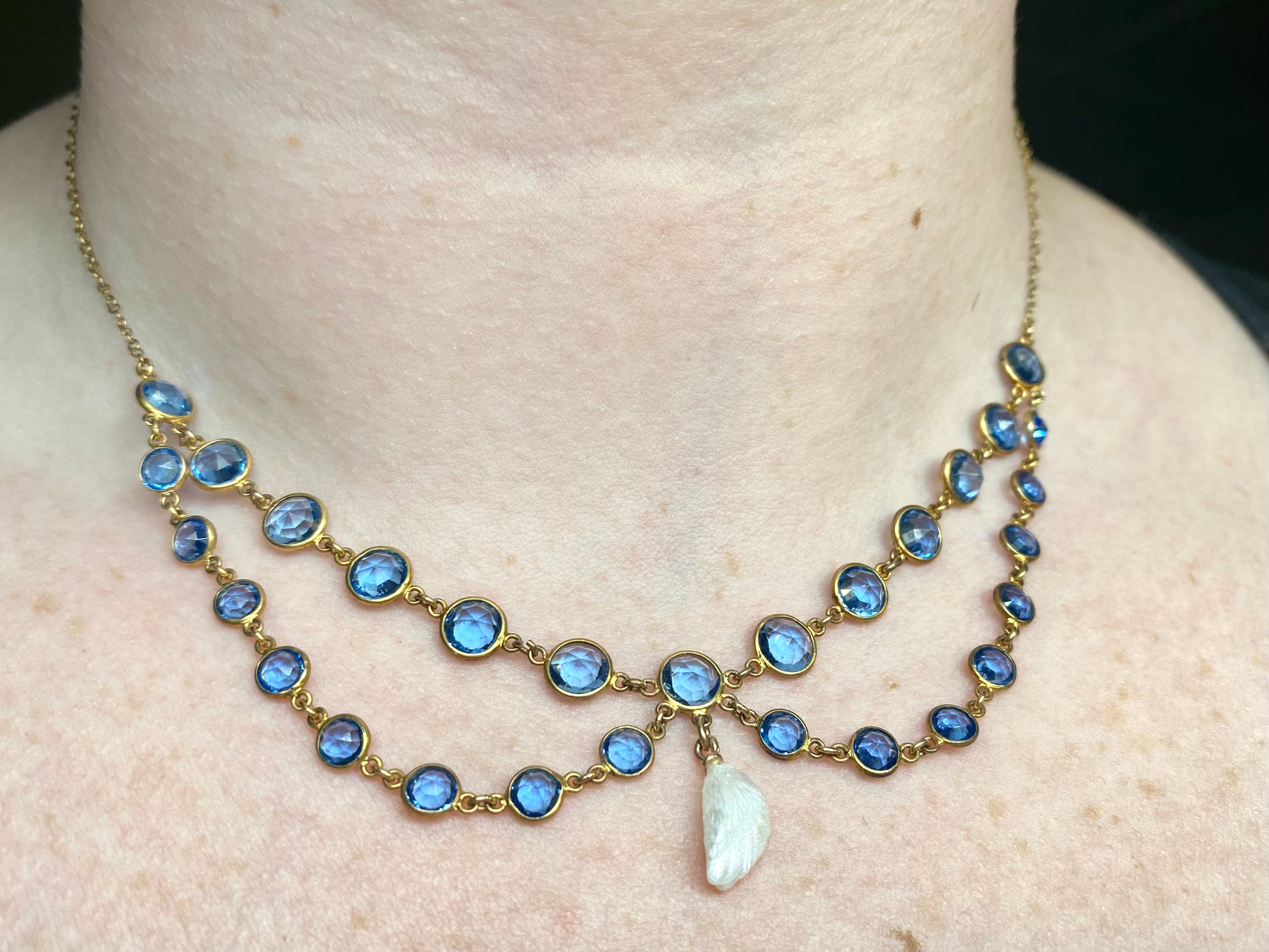 Antique Victorian gold filled blue paste and dogtooth pearl festoon necklace