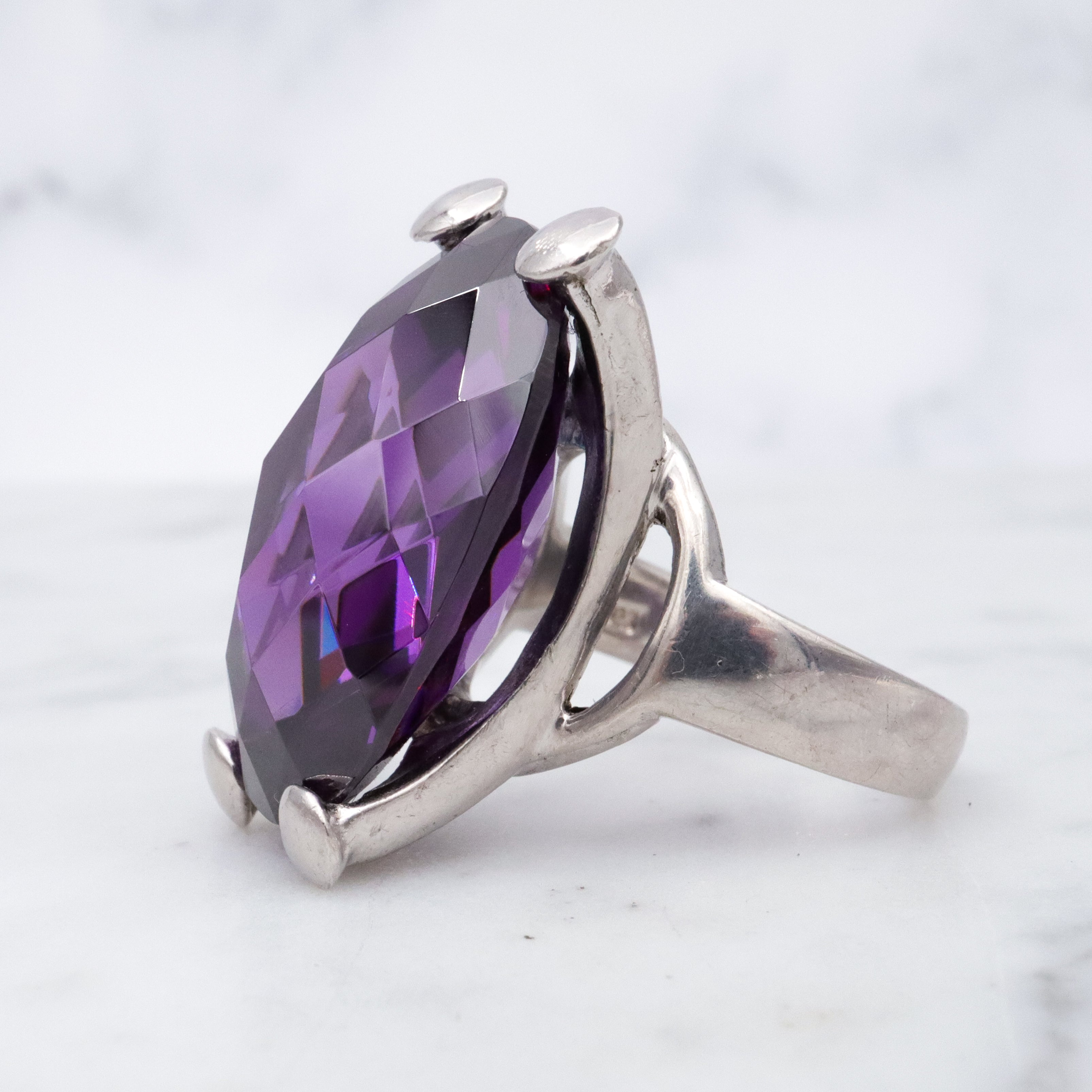 Retro huge checkerboard cut faux amethyst sterling cocktail ring, size 8