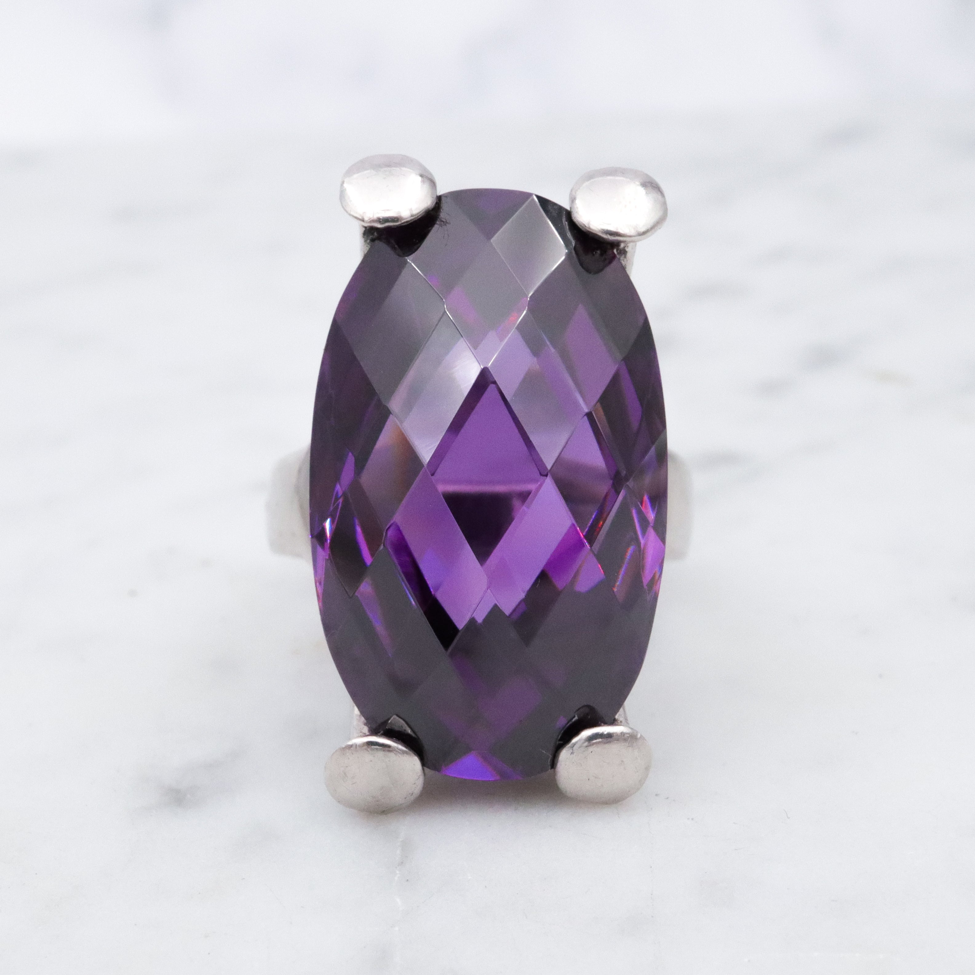 Retro huge checkerboard cut faux amethyst sterling cocktail ring, size 8
