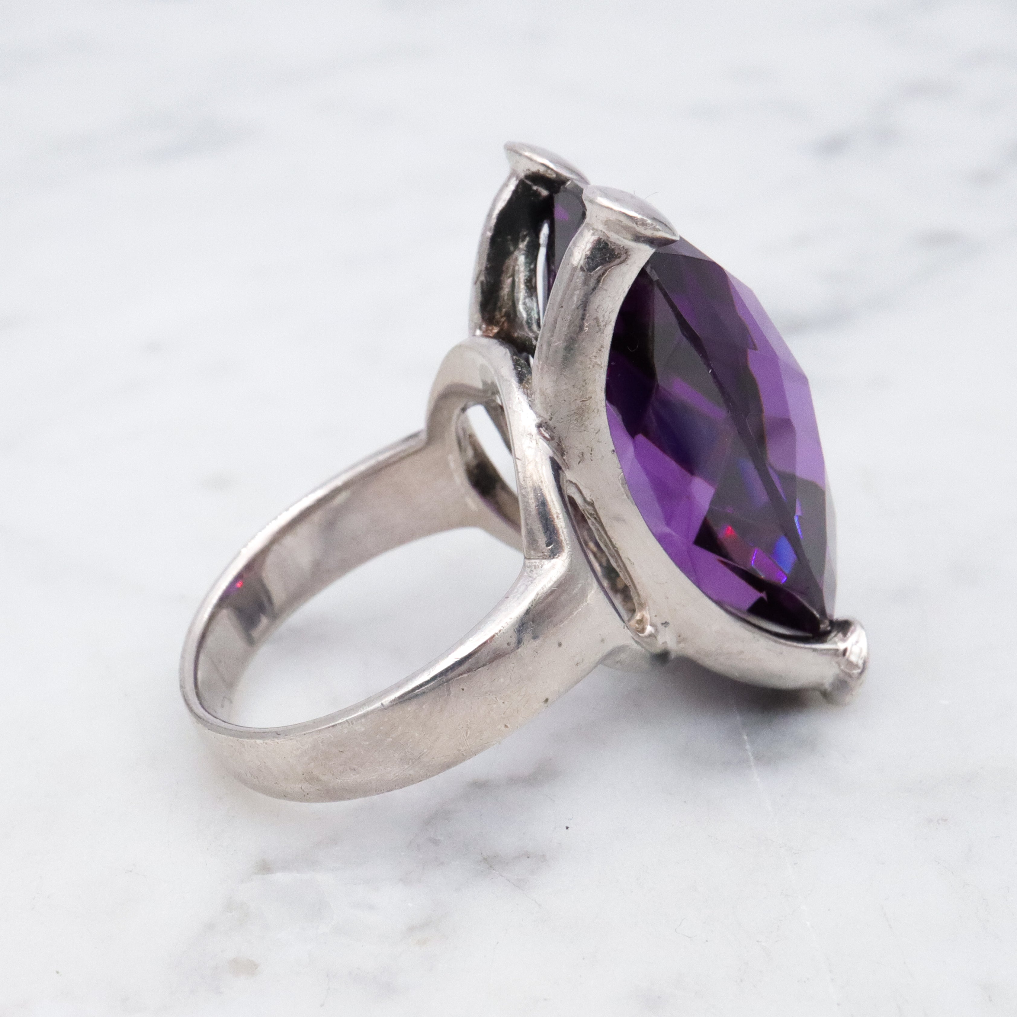 Retro huge checkerboard cut faux amethyst sterling cocktail ring, size 8